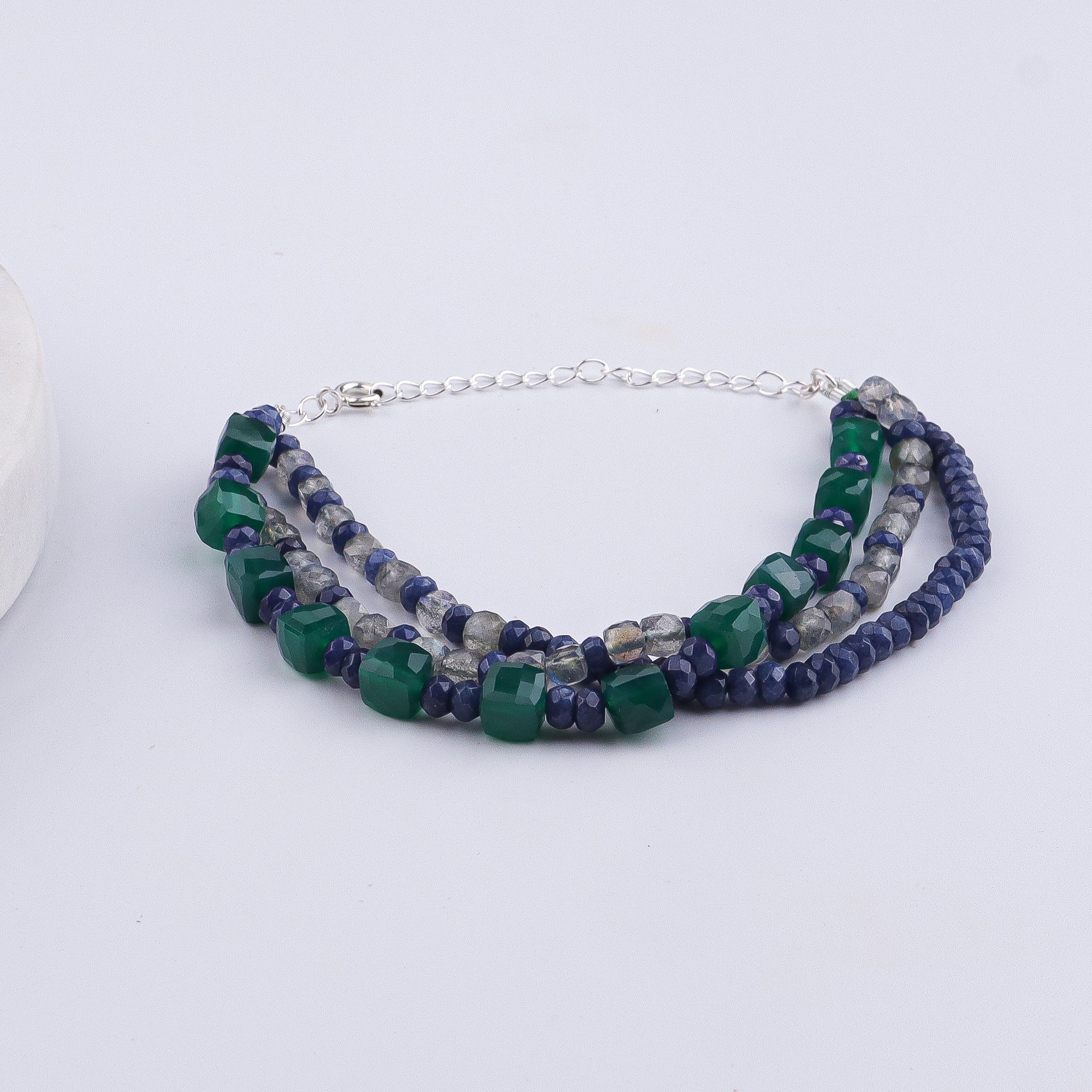 Green Onyx, Blue Jade & Labradorite Silver Bracelet (Project Handmade)