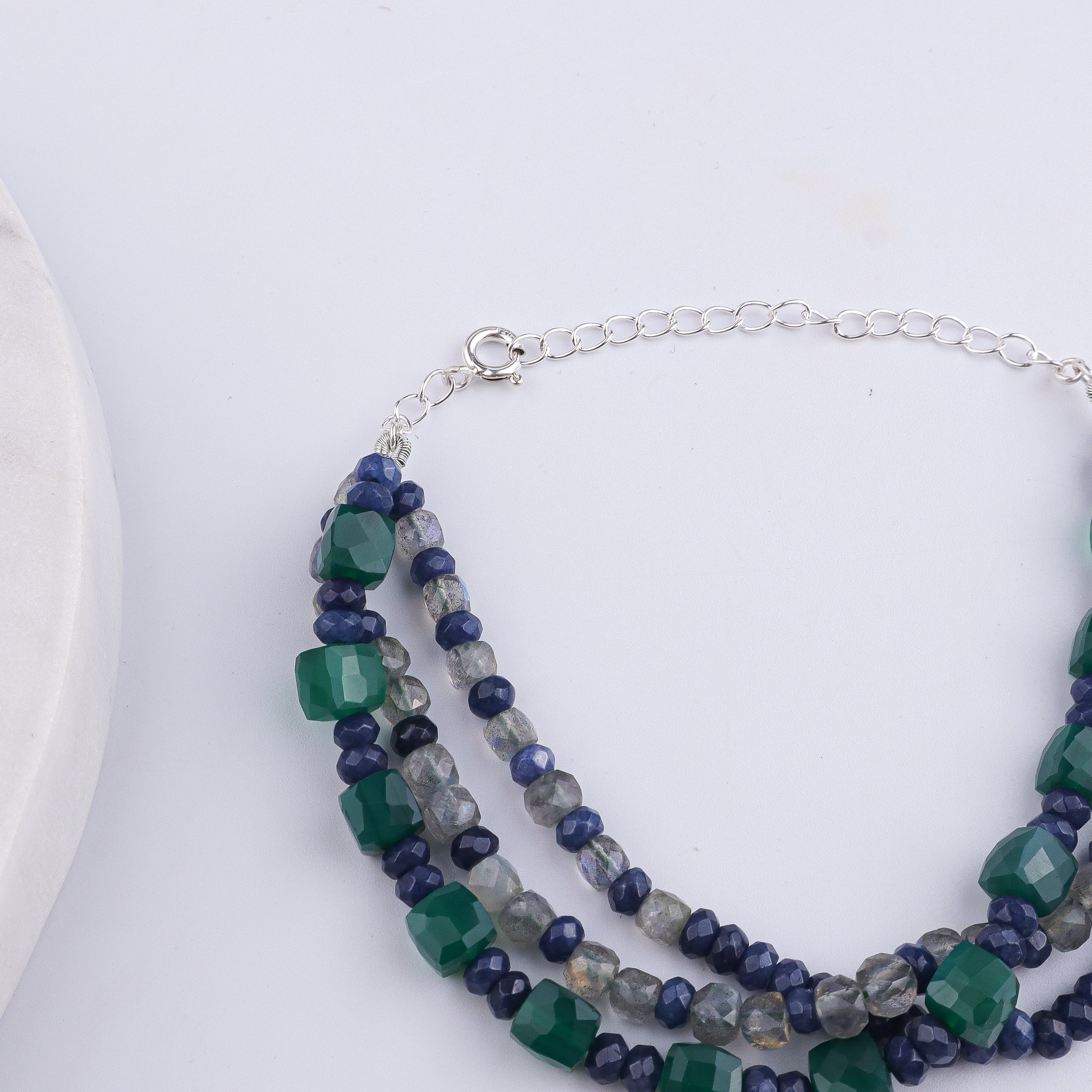 Green Onyx, Blue Jade & Labradorite Silver Bracelet (Project Handmade)