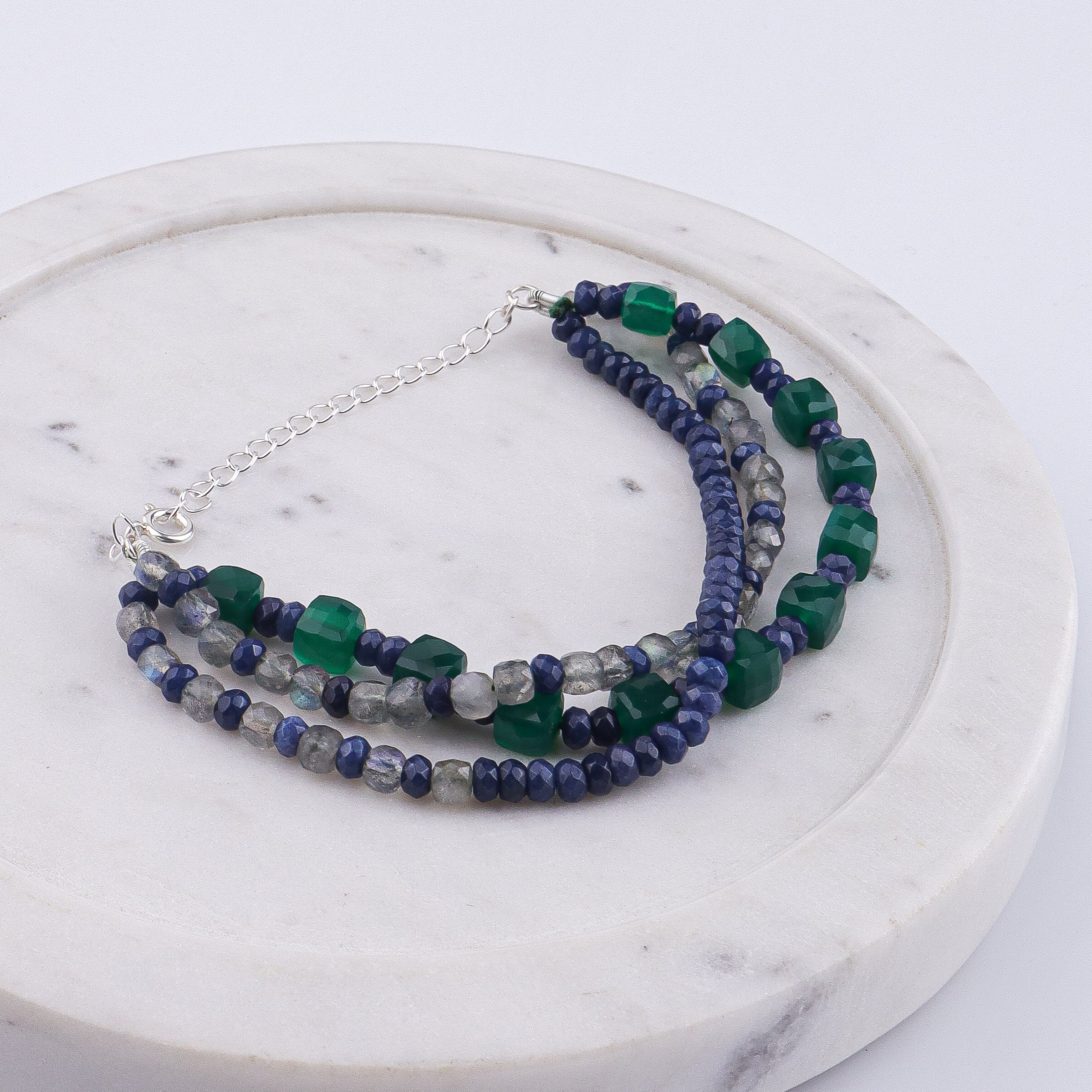 Green Onyx, Blue Jade & Labradorite Silver Bracelet (Project Handmade)
