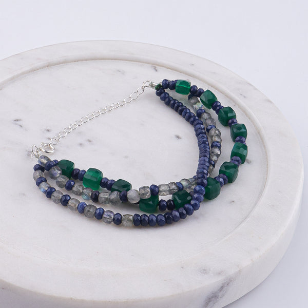 Green Onyx, Blue Jade & Labradorite Silver Bracelet (Project Handmade)