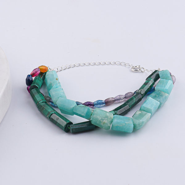 Malachite, Multicolor Agate & Amazonite Silver Bracelet (Project Handmade)