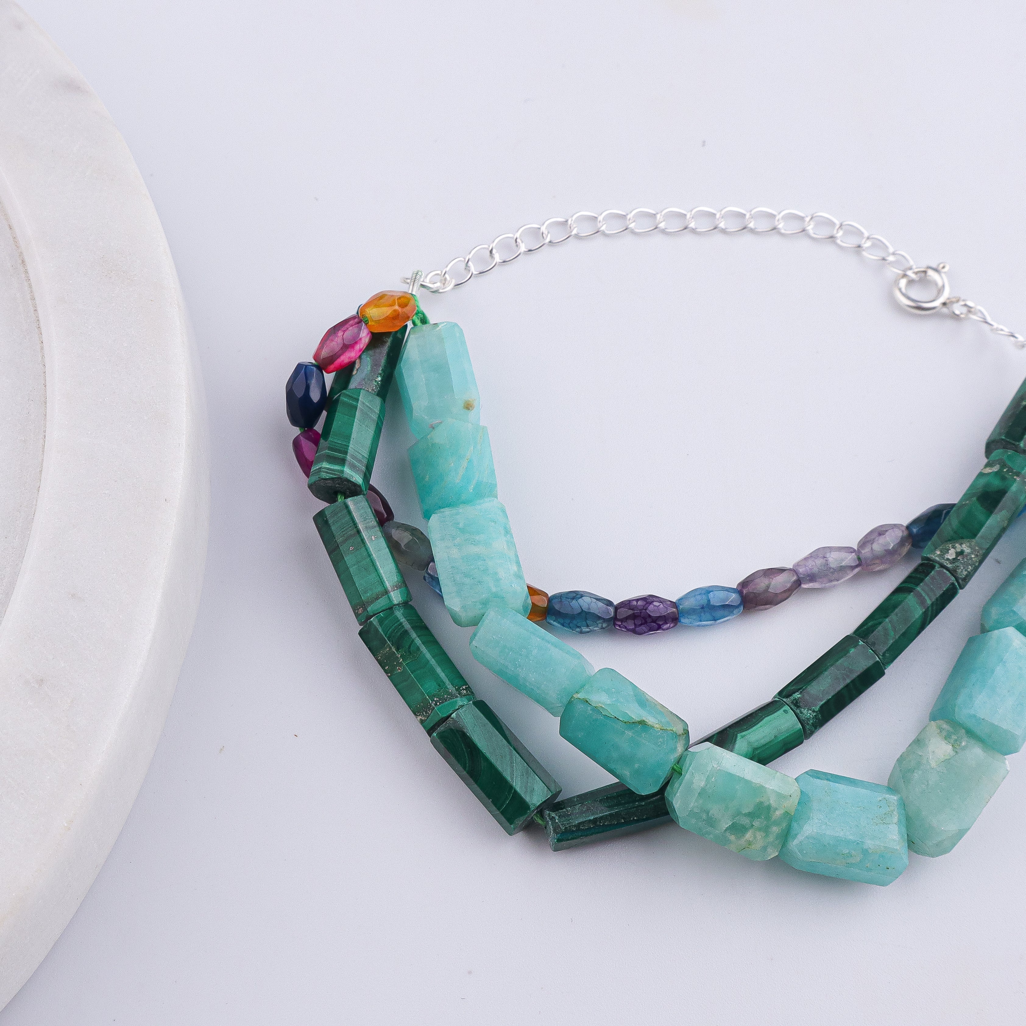 Malachite, Multicolor Agate & Amazonite Silver Bracelet (Project Handmade)