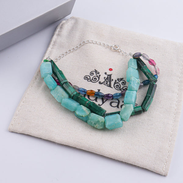 Malachite, Multicolor Agate & Amazonite Silver Bracelet (Project Handmade)
