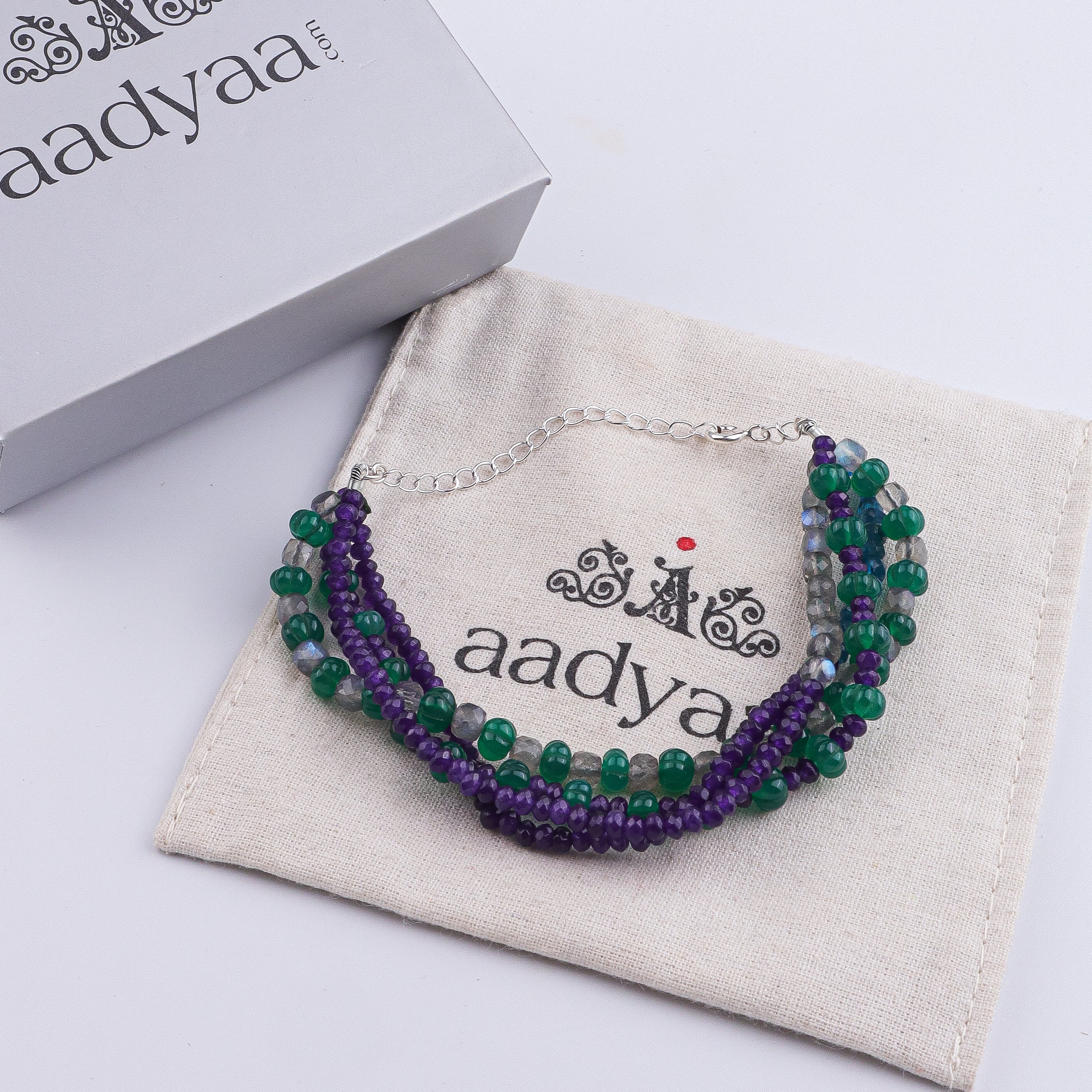 Green Onyx, Labradorite, Rhodolite & Purple Jade Silver Bracelet (Project Handmade)