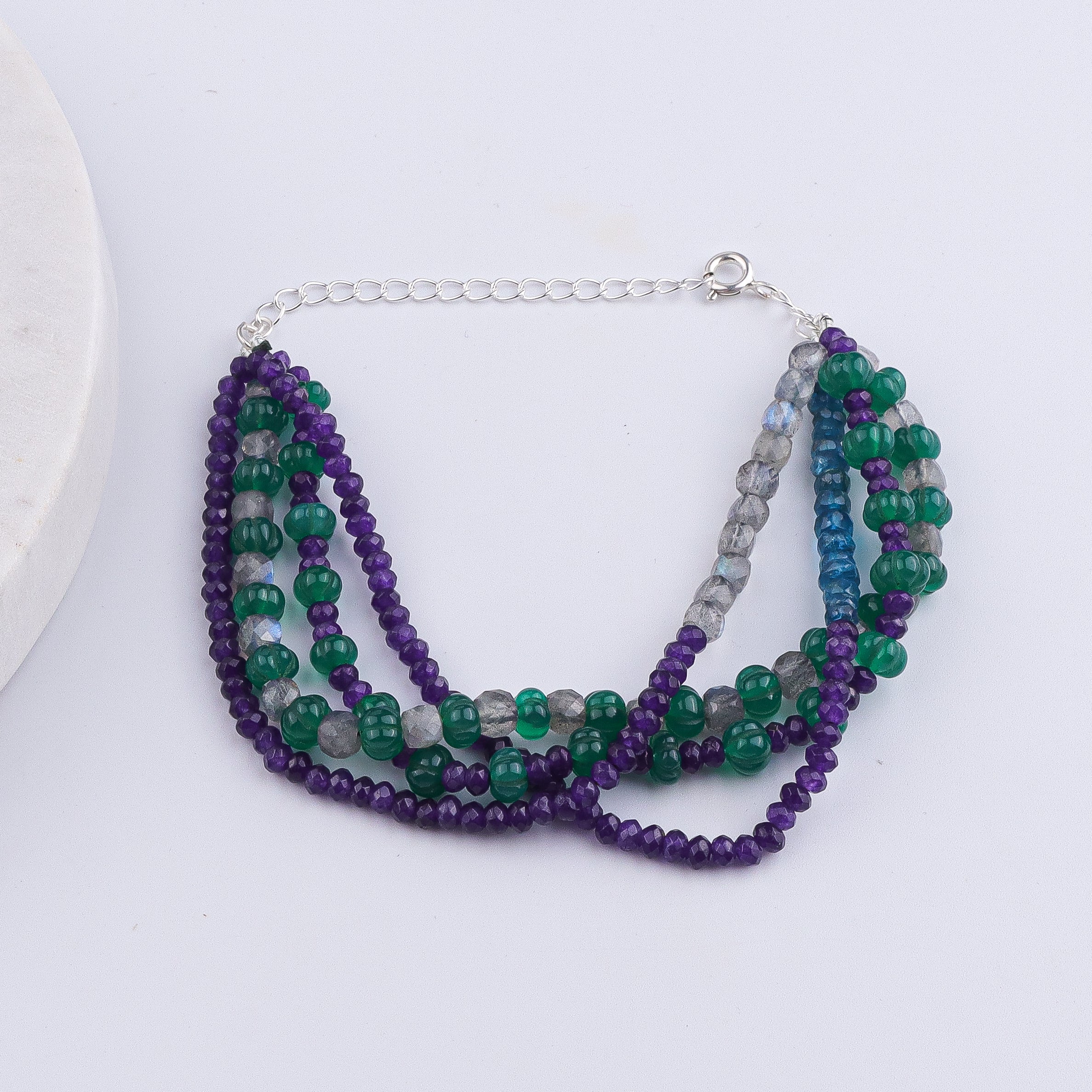 Green Onyx, Labradorite, Rhodolite & Purple Jade Silver Bracelet (Project Handmade)