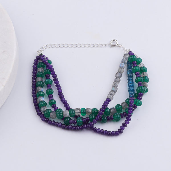 Green Onyx, Labradorite, Rhodolite & Purple Jade Silver Bracelet (Project Handmade)
