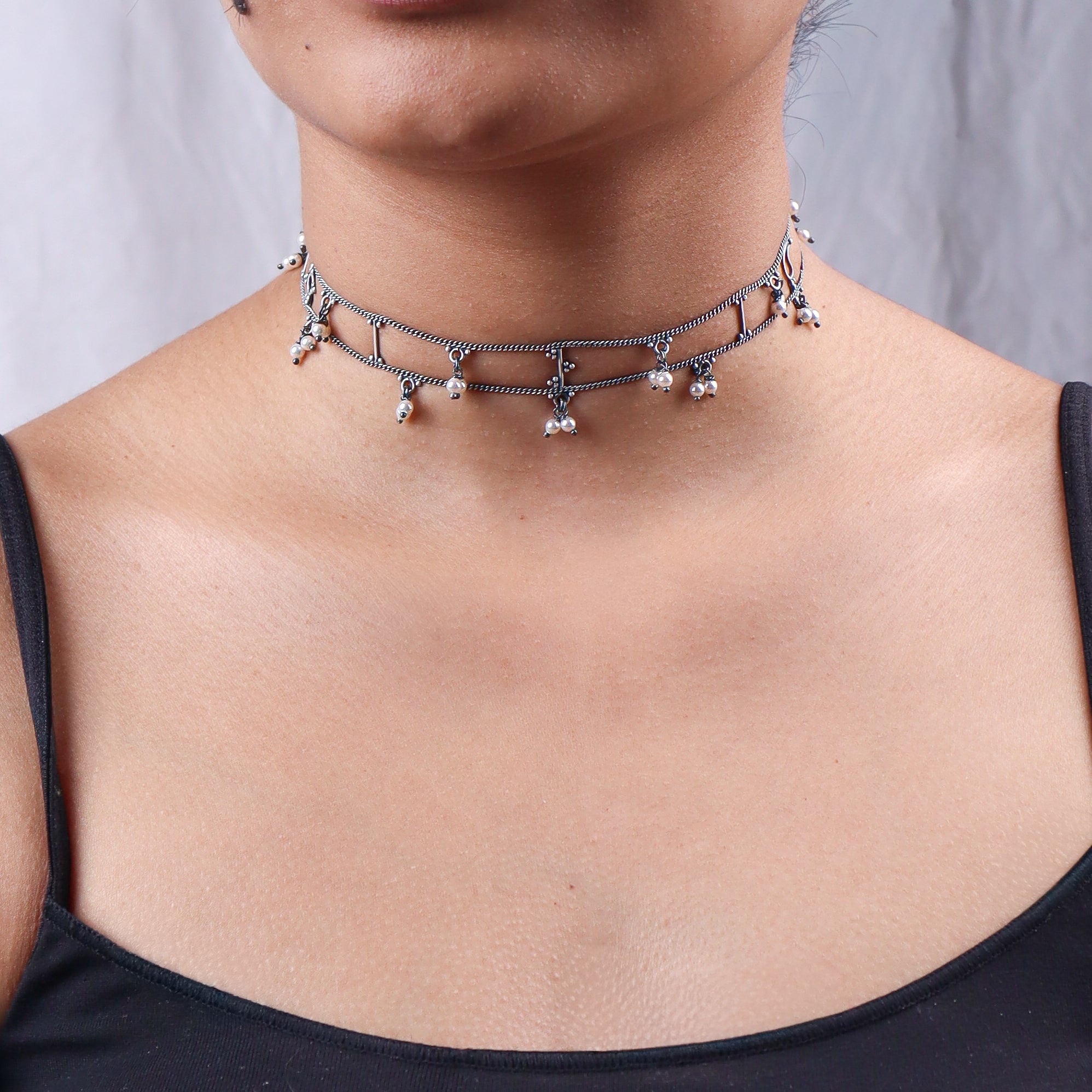 Silver Oxidized Multicharm Choker