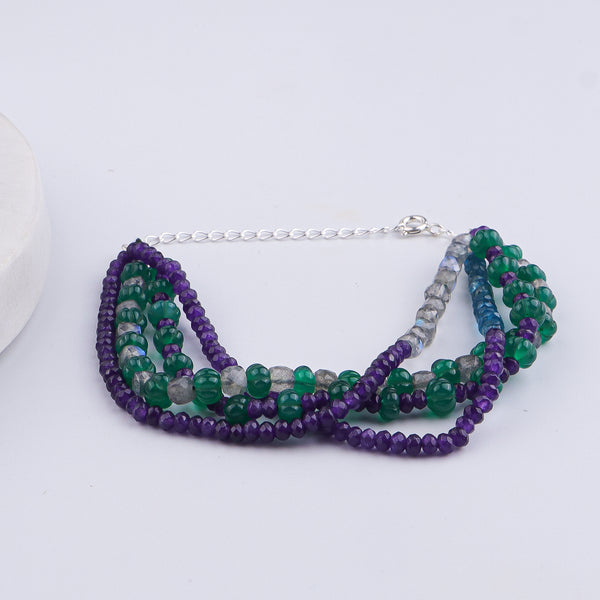 Green Onyx, Labradorite, Rhodolite & Purple Jade Silver Bracelet (Project Handmade)