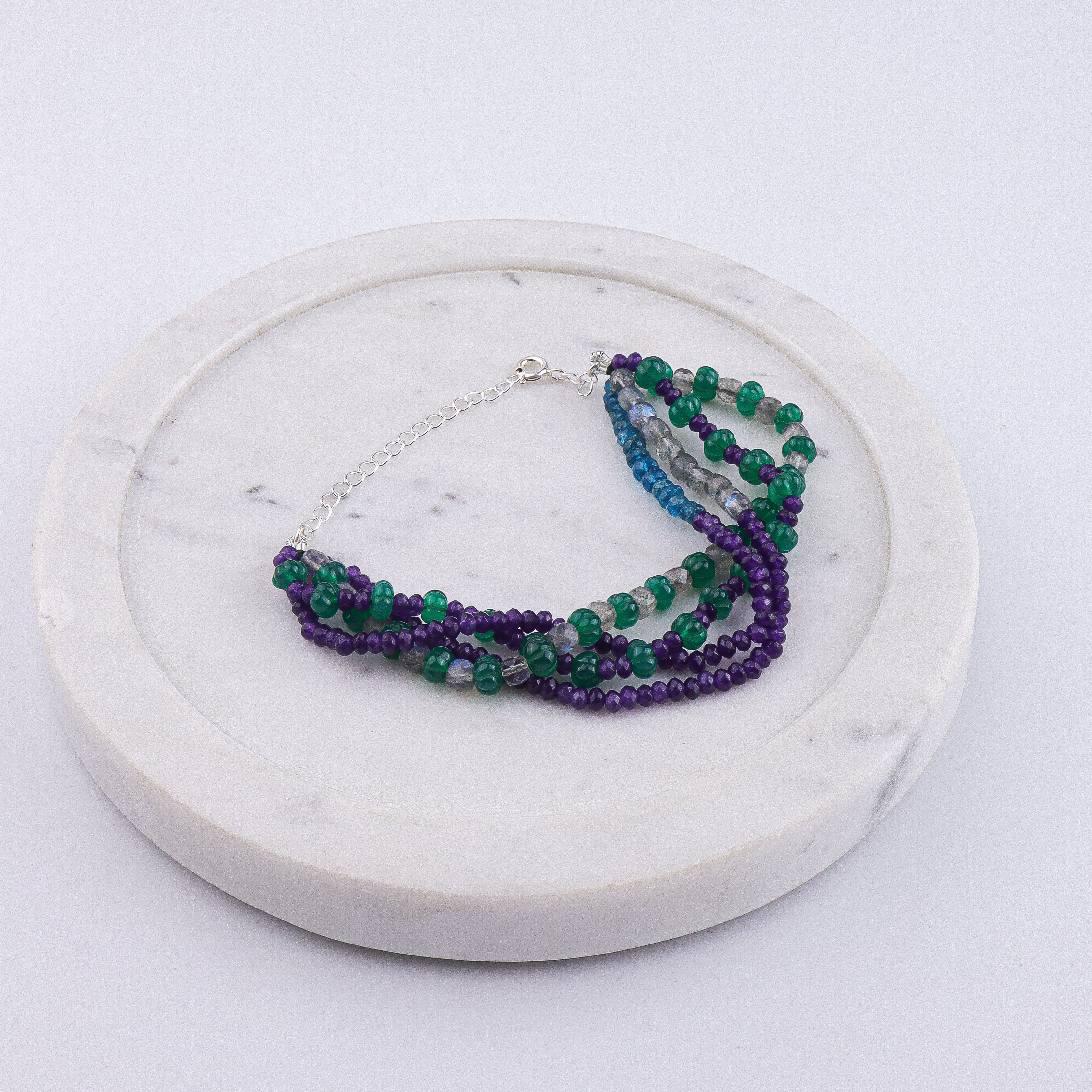 Green Onyx, Labradorite, Rhodolite & Purple Jade Silver Bracelet (Project Handmade)