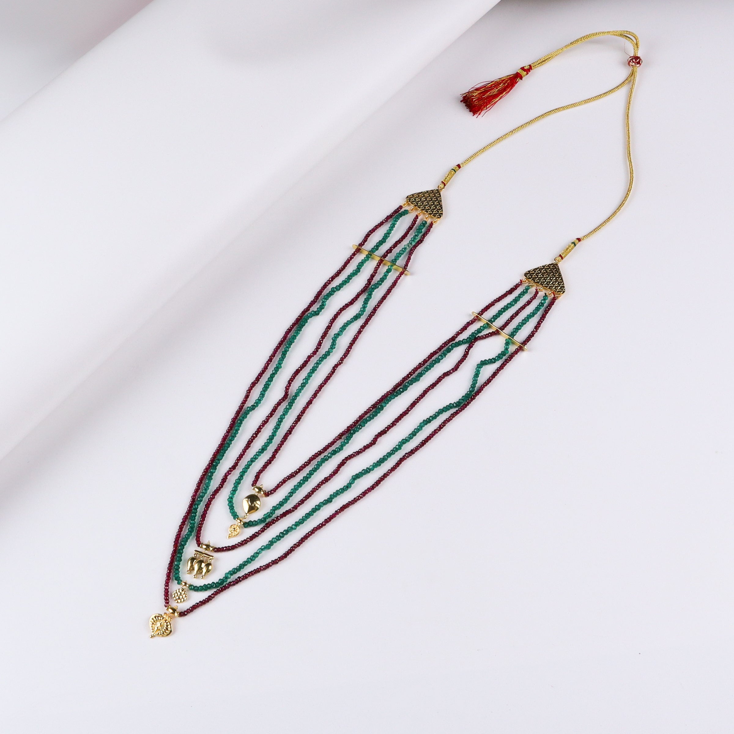 Saaj Motif Satlada Inspired Necklace with Garnets and Green Onyx Stones | 5 Layered | 92.5 Silver | 22K Gold Plated
