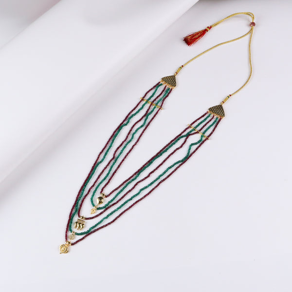 Saaj Motif Satlada Inspired Necklace with Garnets and Green Onyx Stones | 5 Layered | 92.5 Silver | 22K Gold Plated