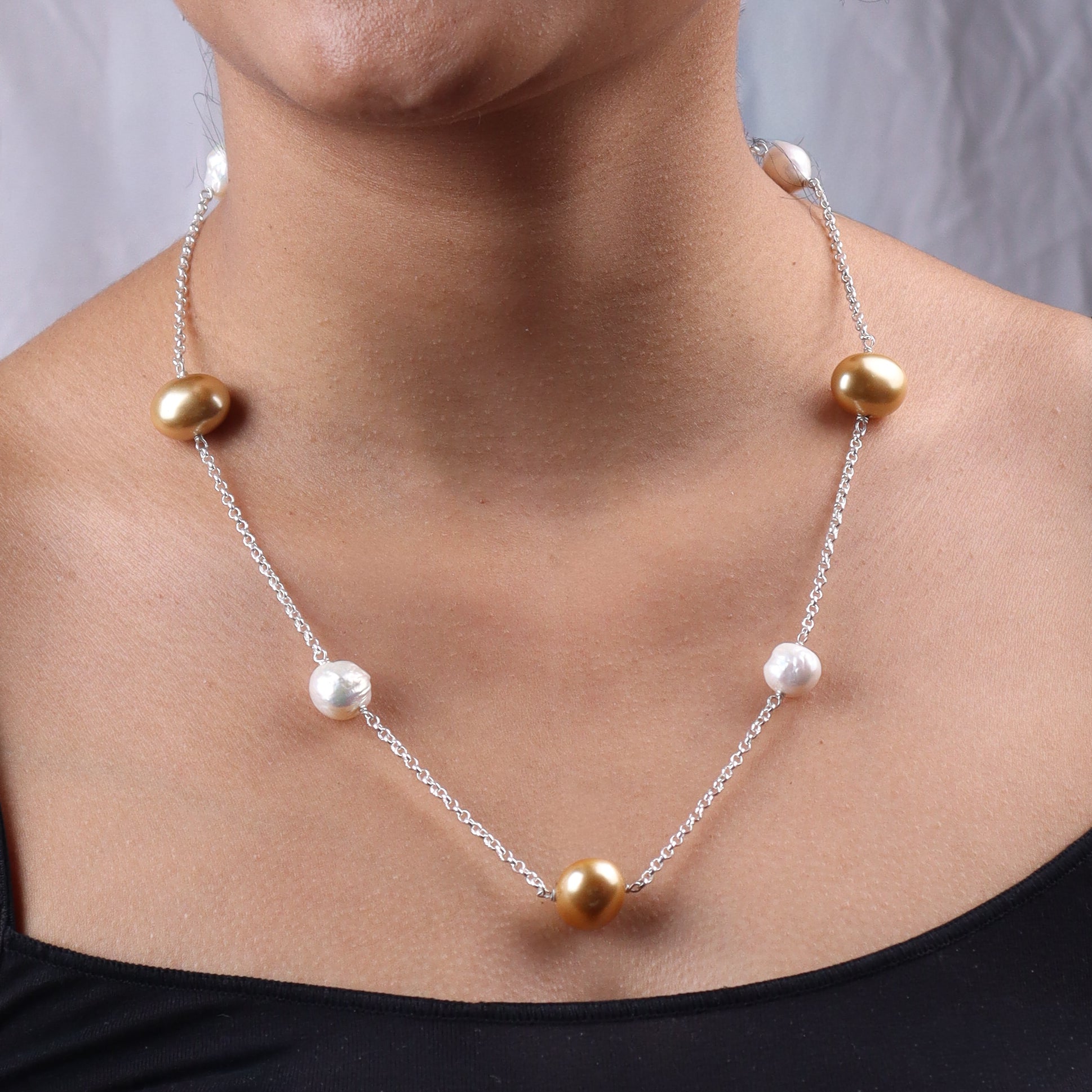 Pearl Line Necklace with Fresh Water Pearls & Golden Pearls