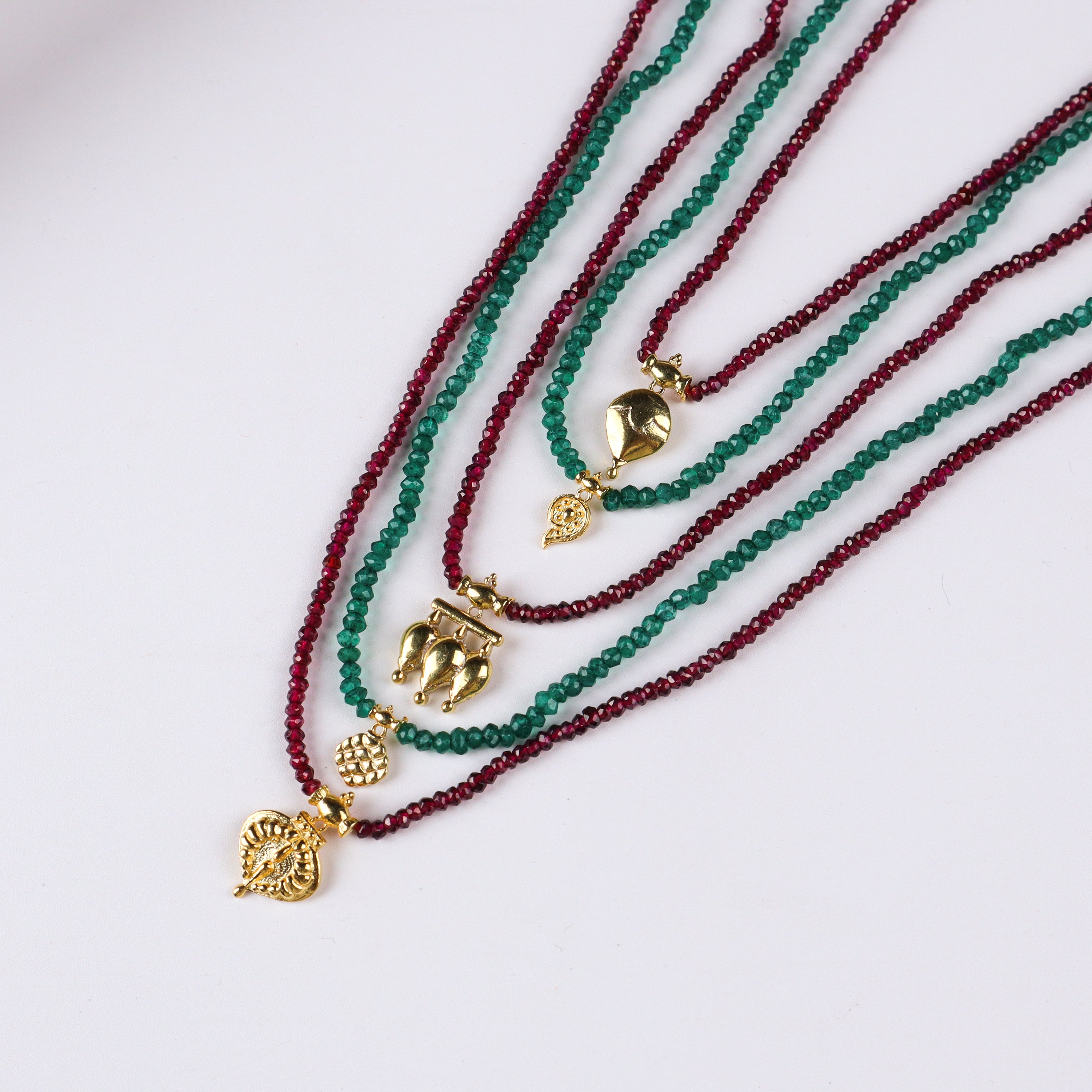 Saaj Motif Satlada Inspired Necklace with Garnets and Green Onyx Stones | 5 Layered | 92.5 Silver | 22K Gold Plated