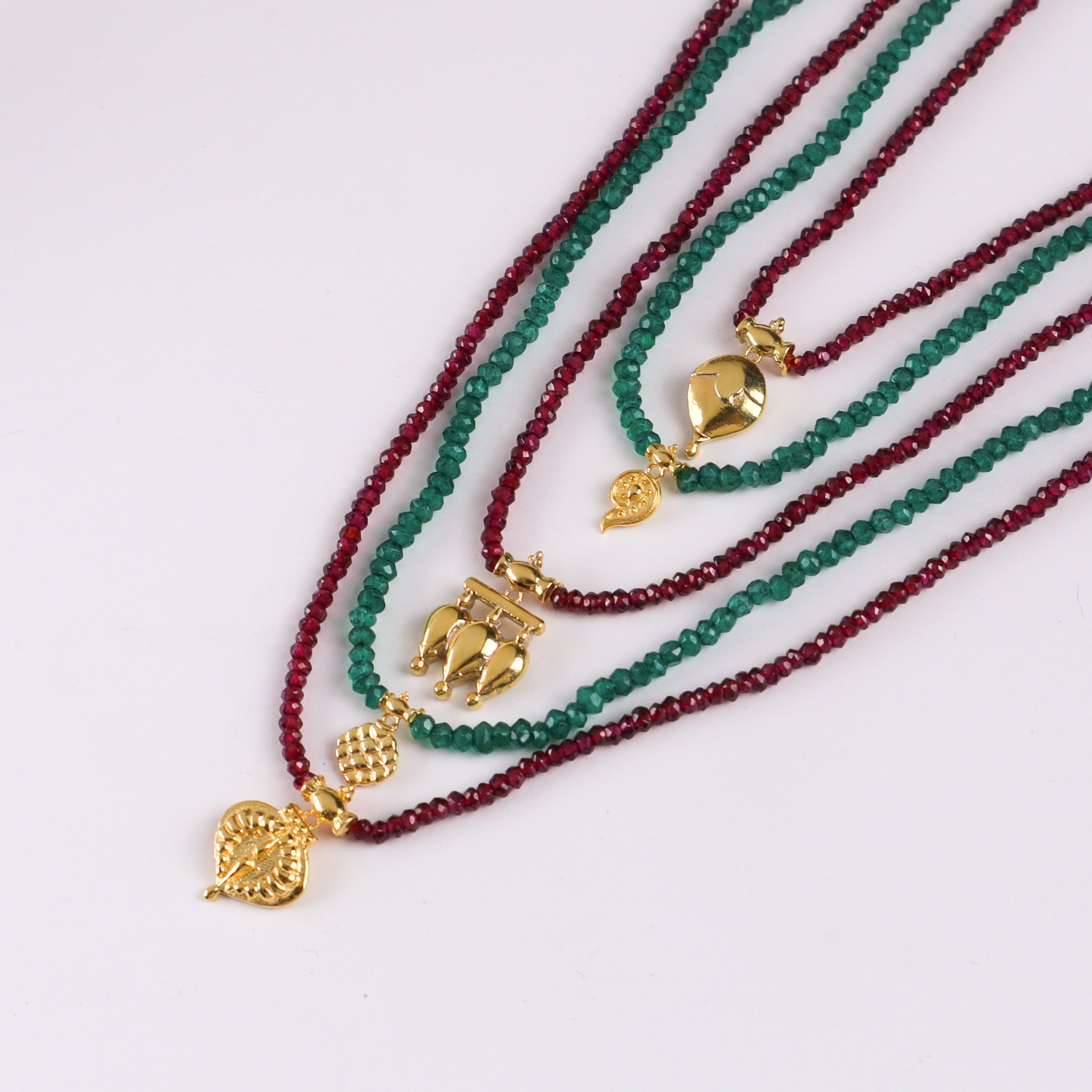 Saaj Motif Satlada Inspired Necklace with Garnets and Green Onyx Stones | 5 Layered | 92.5 Silver | 22K Gold Plated