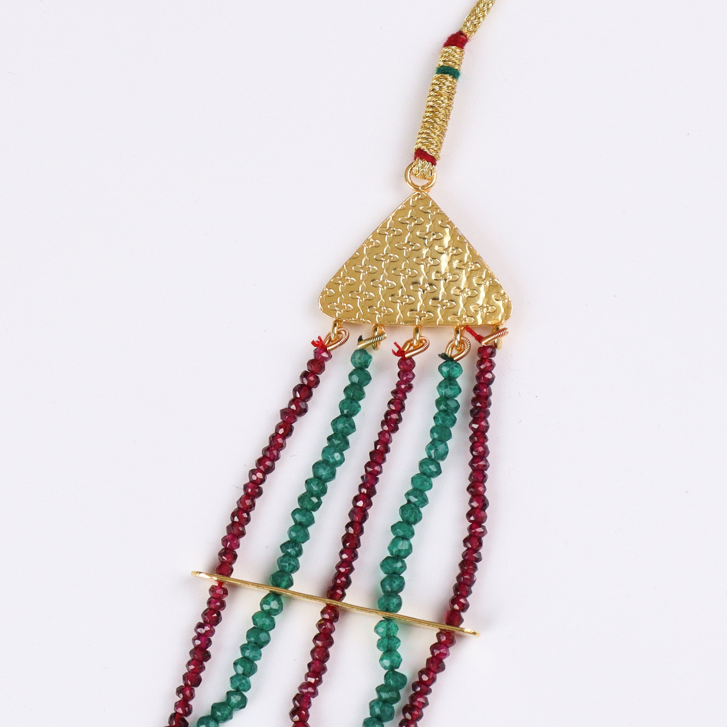 Saaj Motif Satlada Inspired Necklace with Garnets and Green Onyx Stones | 5 Layered | 92.5 Silver | 22K Gold Plated
