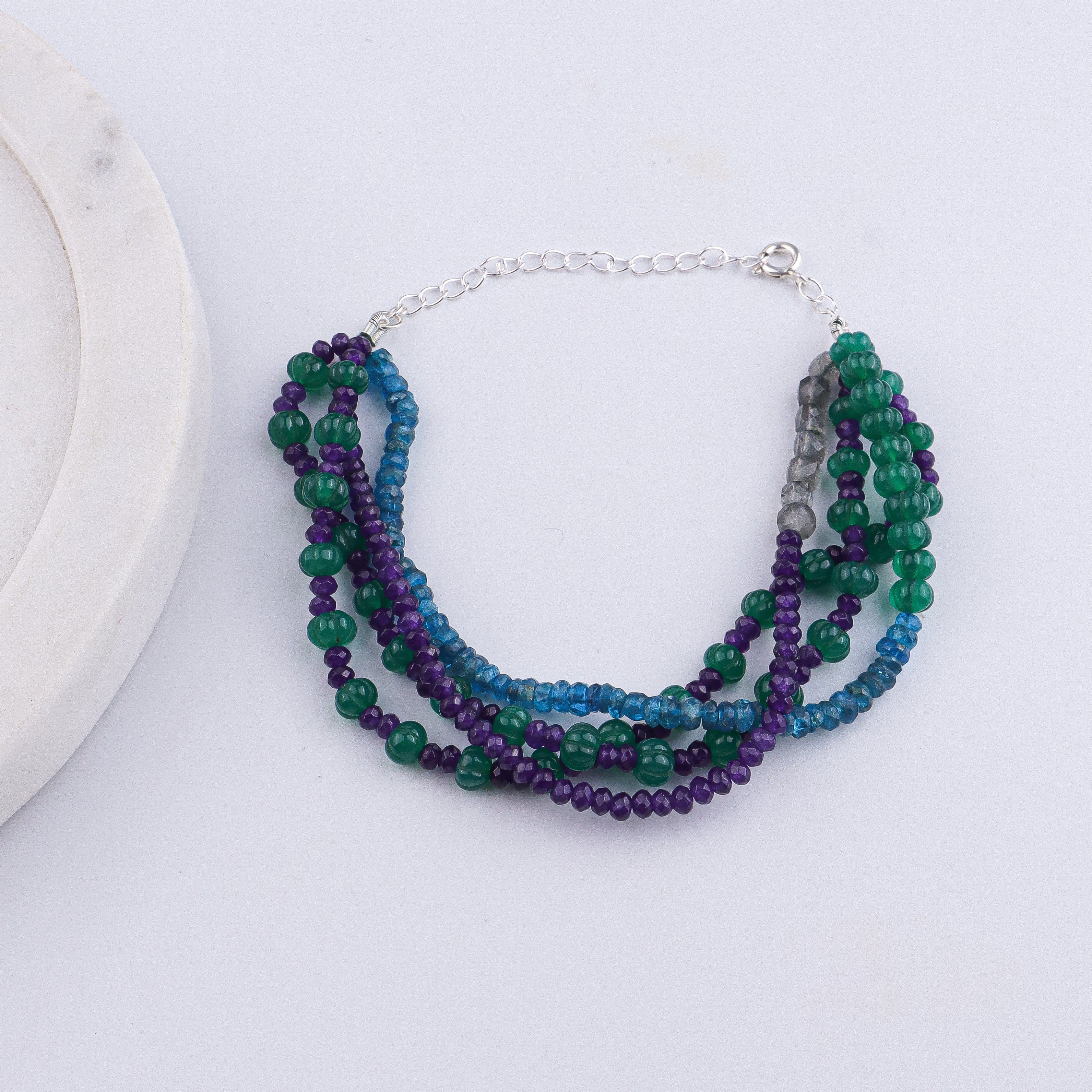 Rhodolite, Green Onyx, Labradorite & Purple Jade Silver Bracelet (Project Handmade)