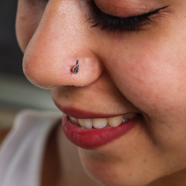 Peepal Leaf Nose pin ( Pierced ) - Silver oxidised