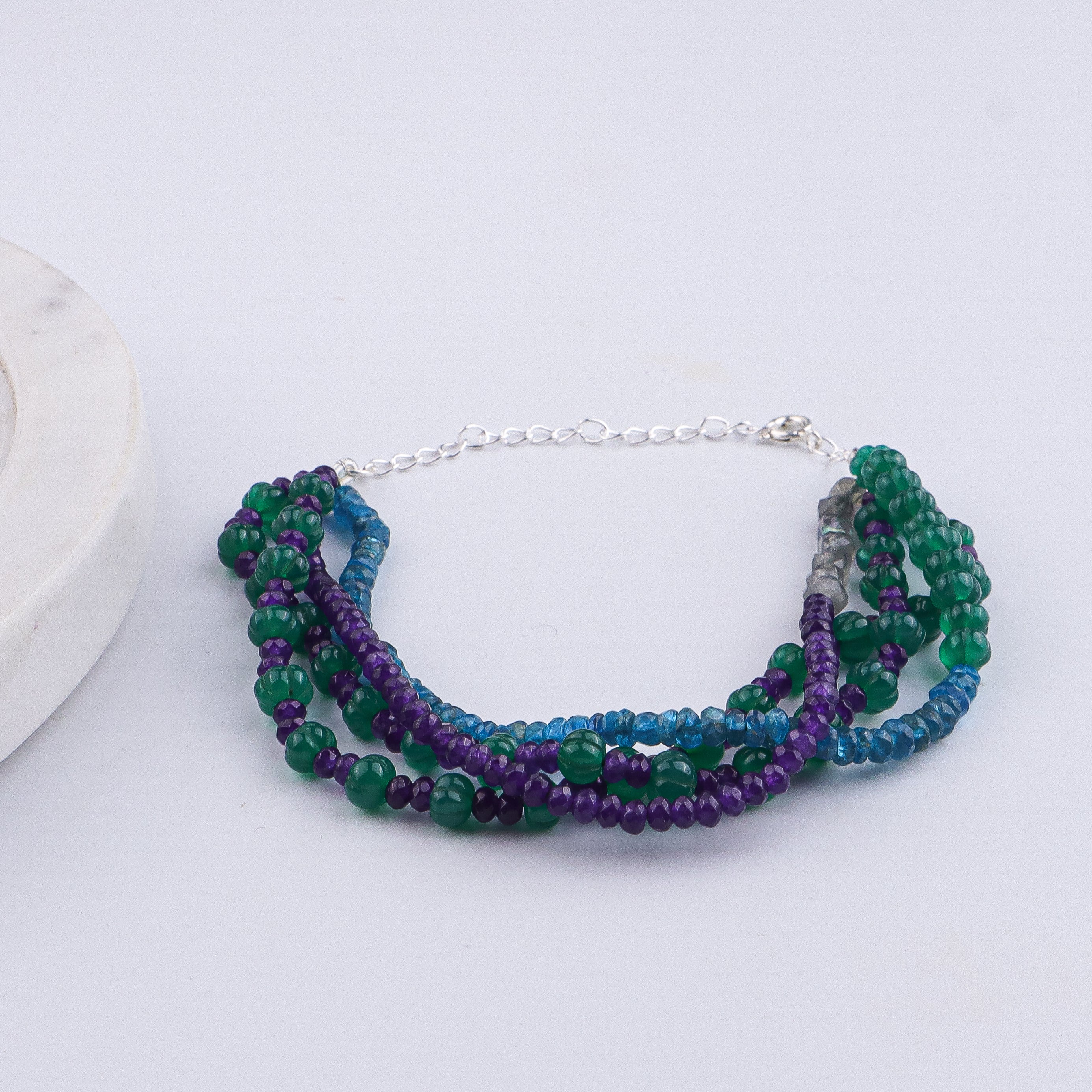 Rhodolite, Green Onyx, Labradorite & Purple Jade Silver Bracelet (Project Handmade)