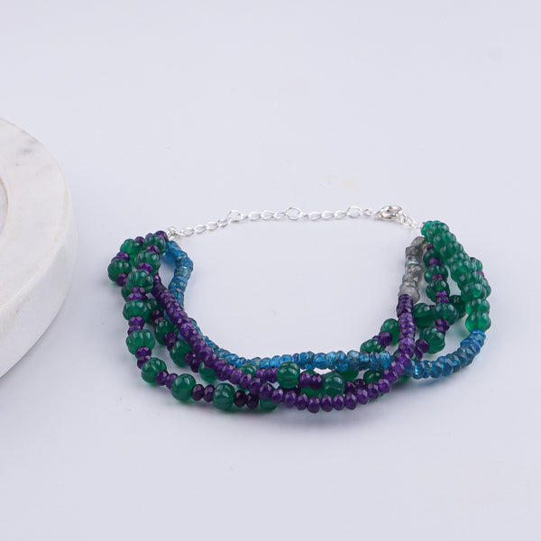 Rhodolite, Green Onyx, Labradorite & Purple Jade Silver Bracelet (Project Handmade)