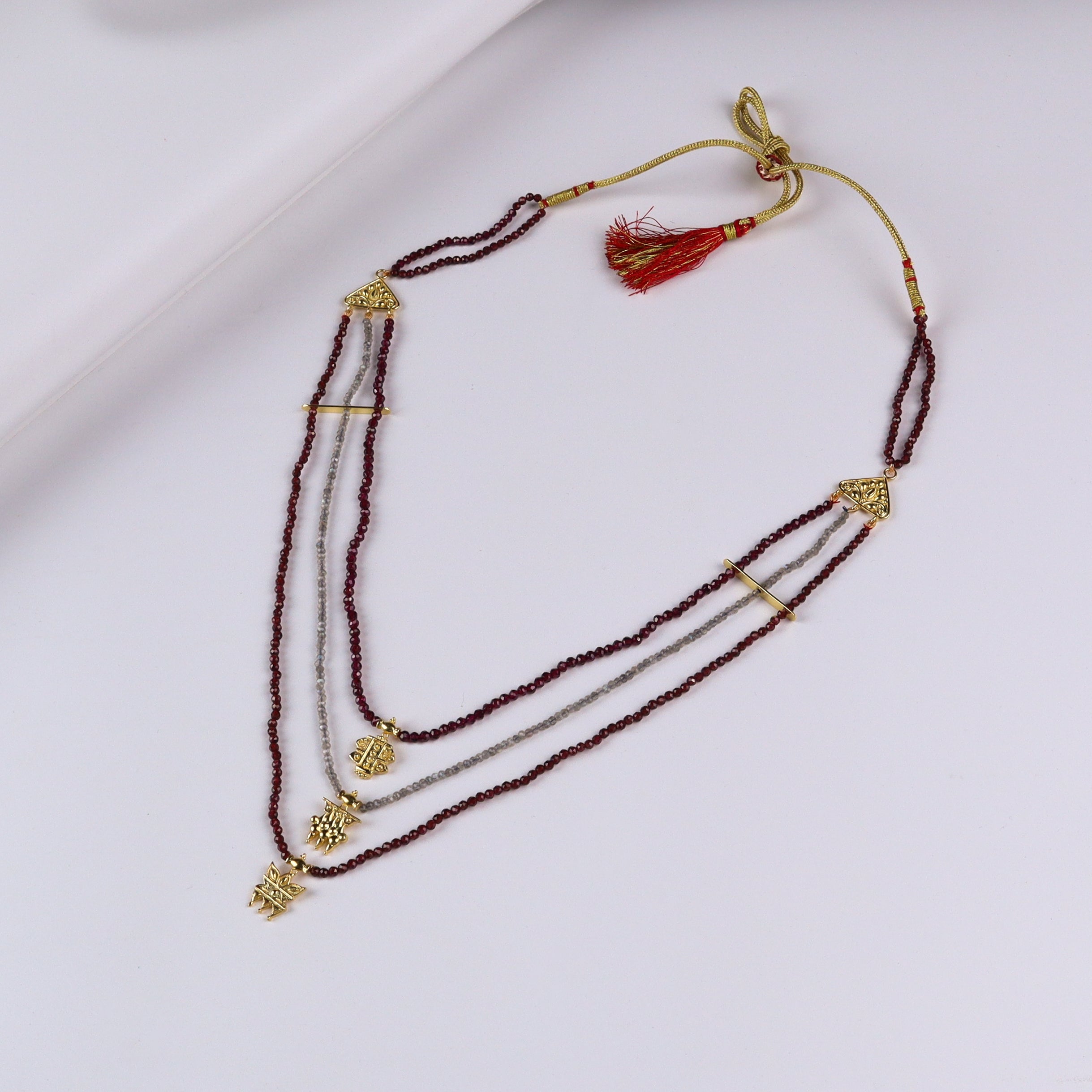 Saaj Motif Satlada Inspired Necklace with Garnets and Labradorite Stones | 925 Silver | 22K Gold Plated (3 Layered)