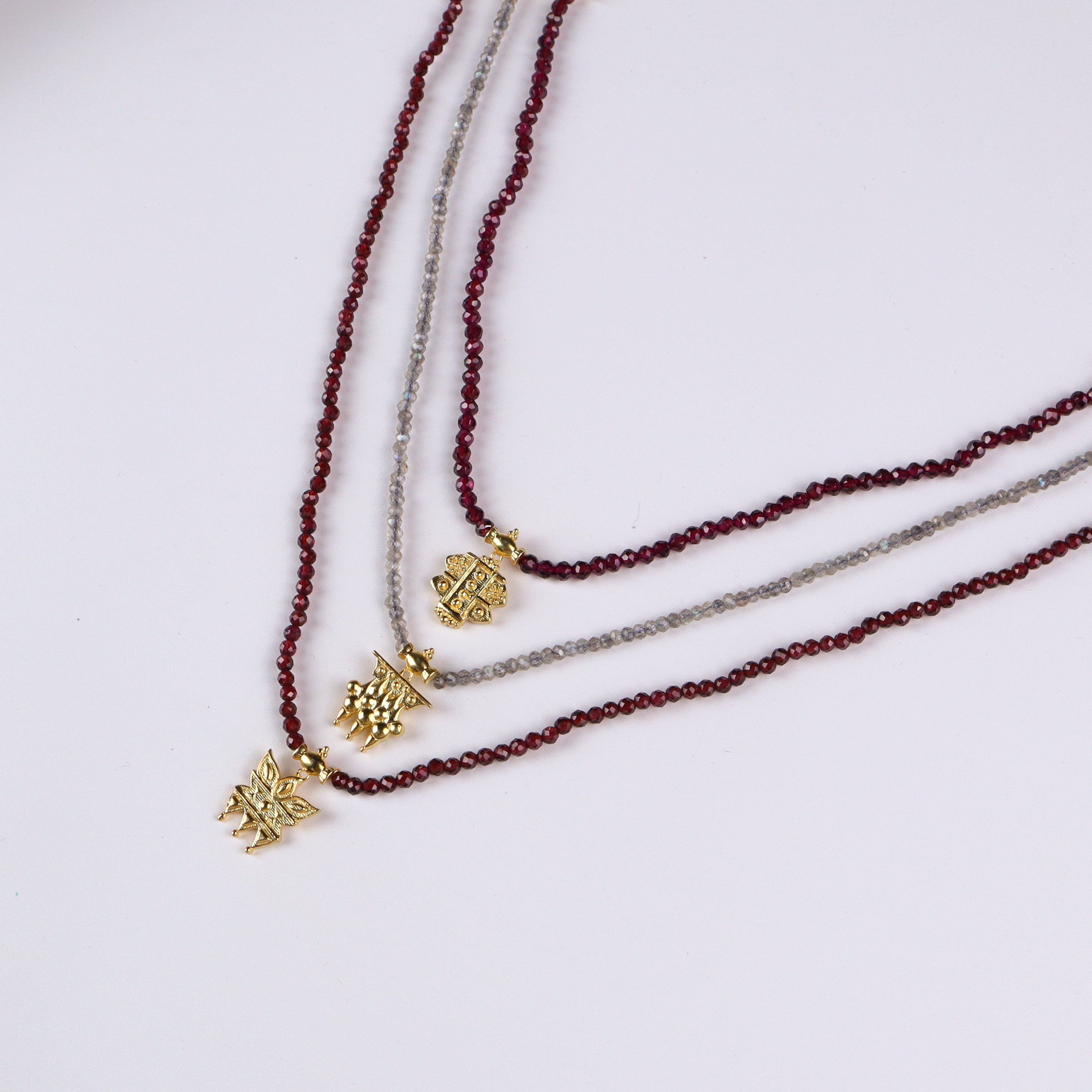 Saaj Motif Satlada Inspired Necklace with Garnets and Labradorite Stones | 925 Silver | 22K Gold Plated (3 Layered)