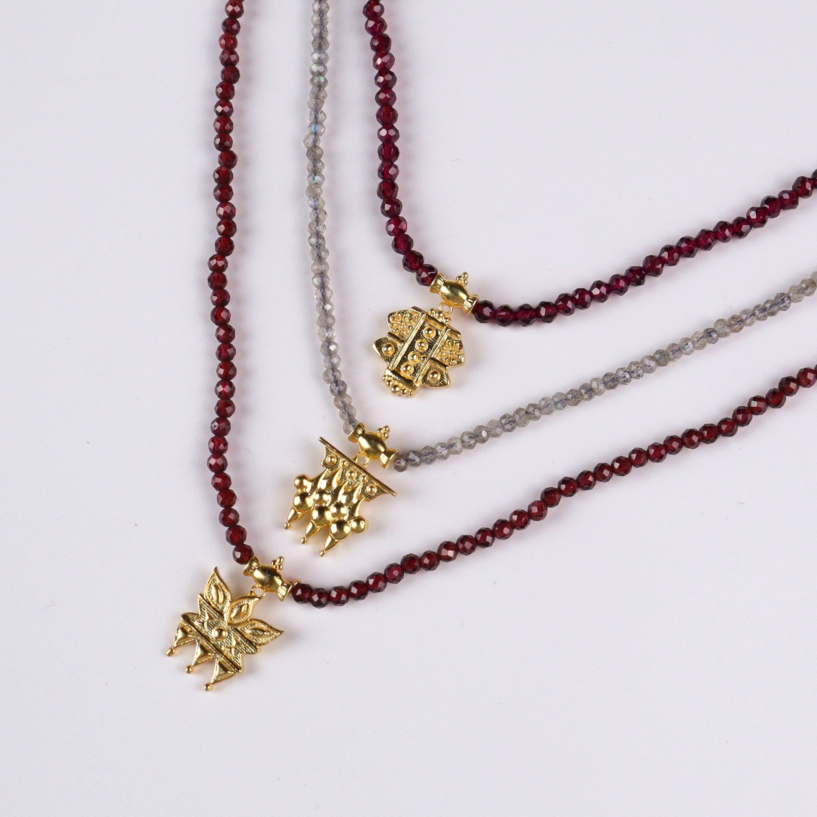 Saaj Motif Satlada Inspired Necklace with Garnets and Labradorite Stones | 925 Silver | 22K Gold Plated (3 Layered)