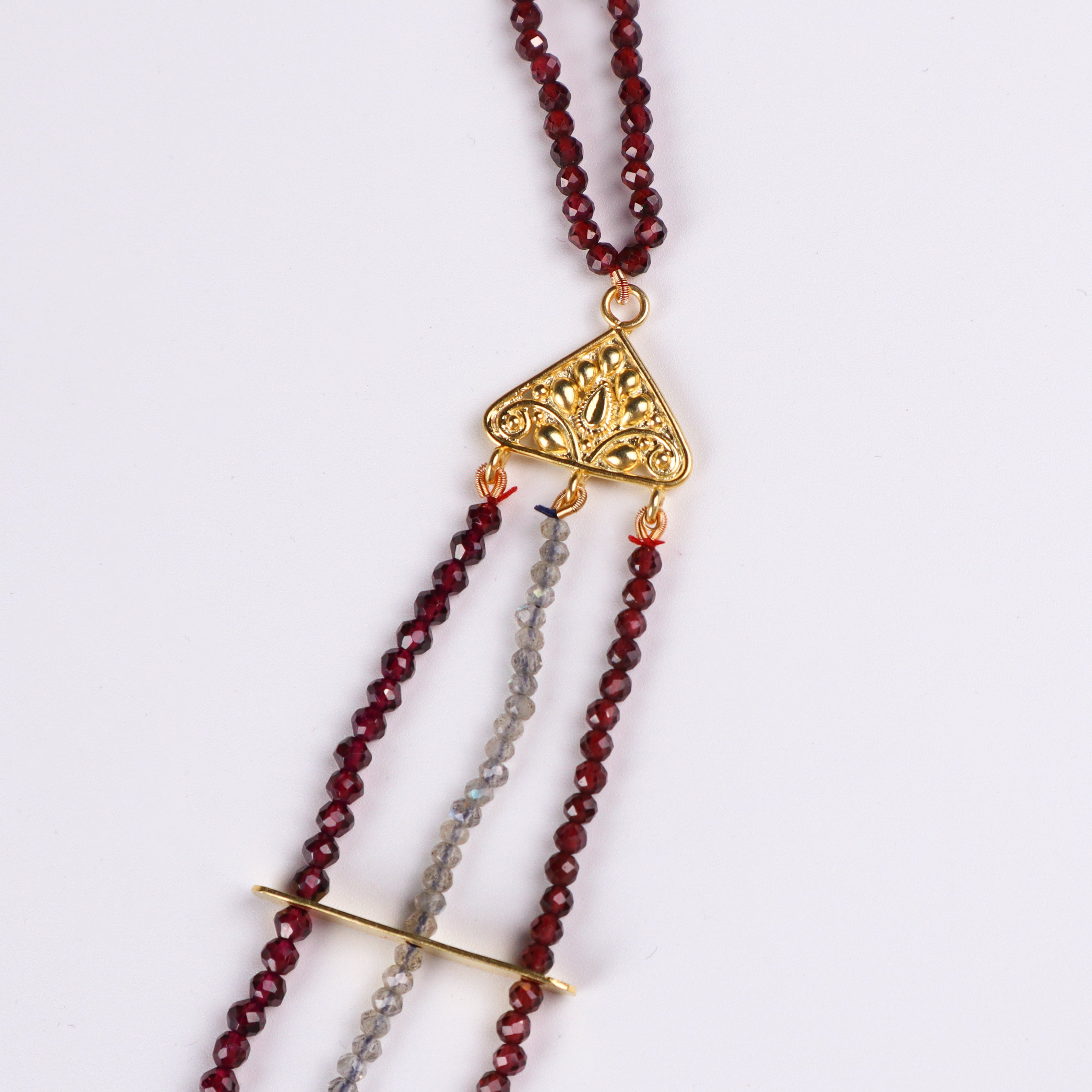 Saaj Motif Satlada Inspired Necklace with Garnets and Labradorite Stones | 925 Silver | 22K Gold Plated (3 Layered)