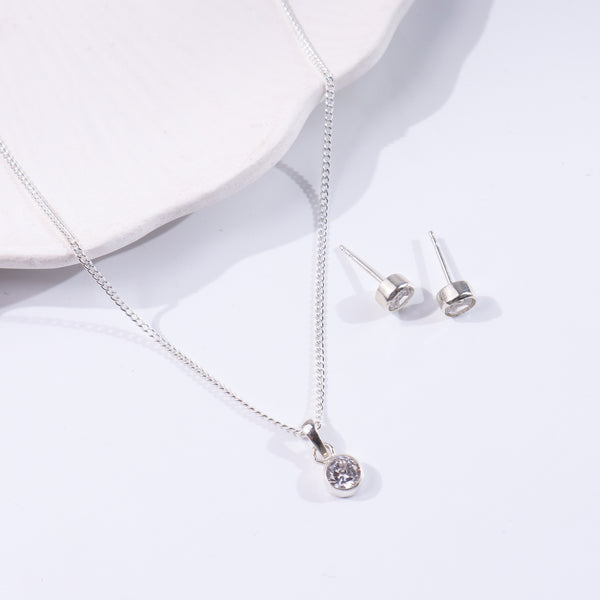 CZ Button Set of Chain & Studs | 92.5 Sterling Silver