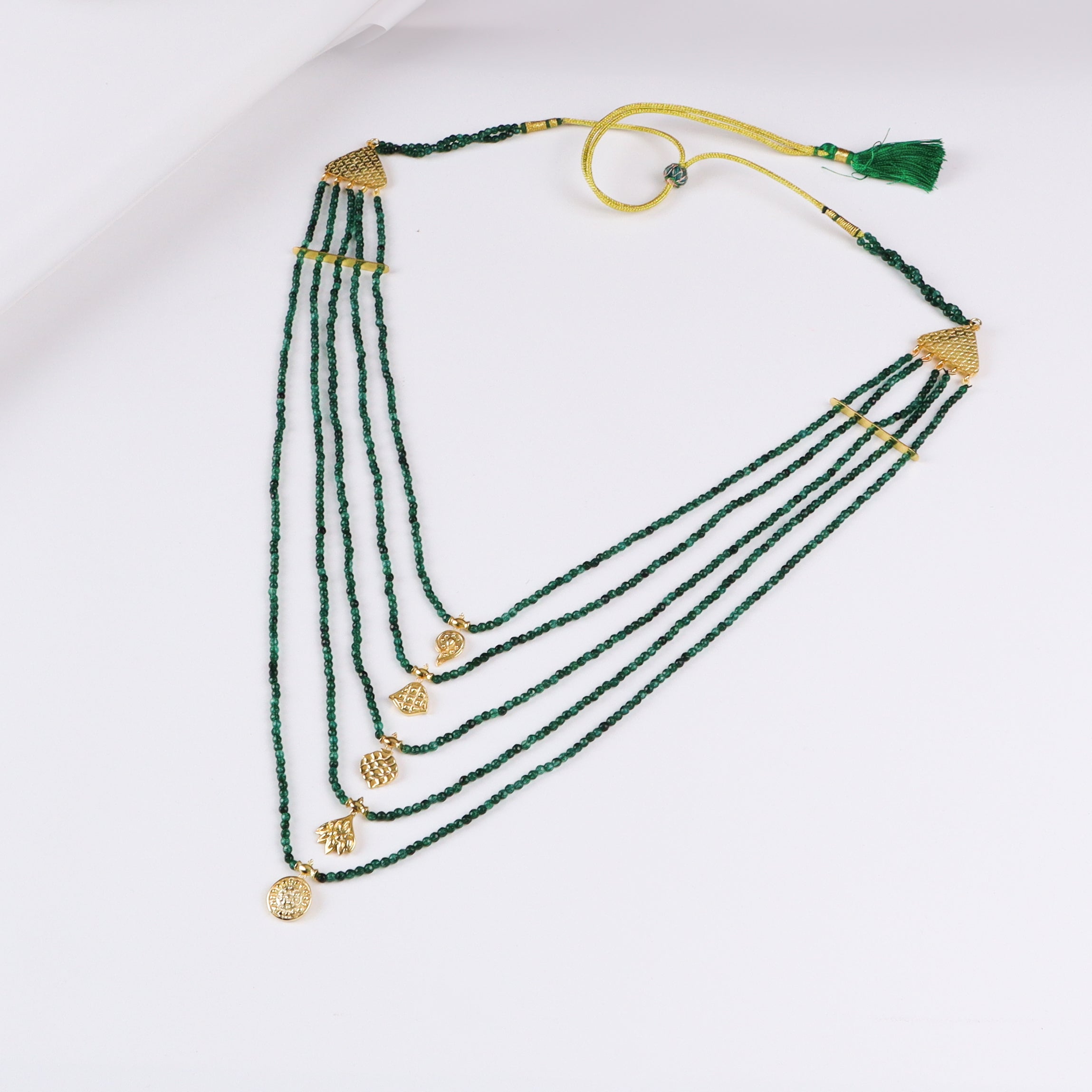 Saaj Motif Satlada Inspired Necklace with Green Onyx Stones | 5 Layered | 92.5 Silver | 22K Gold Plated
