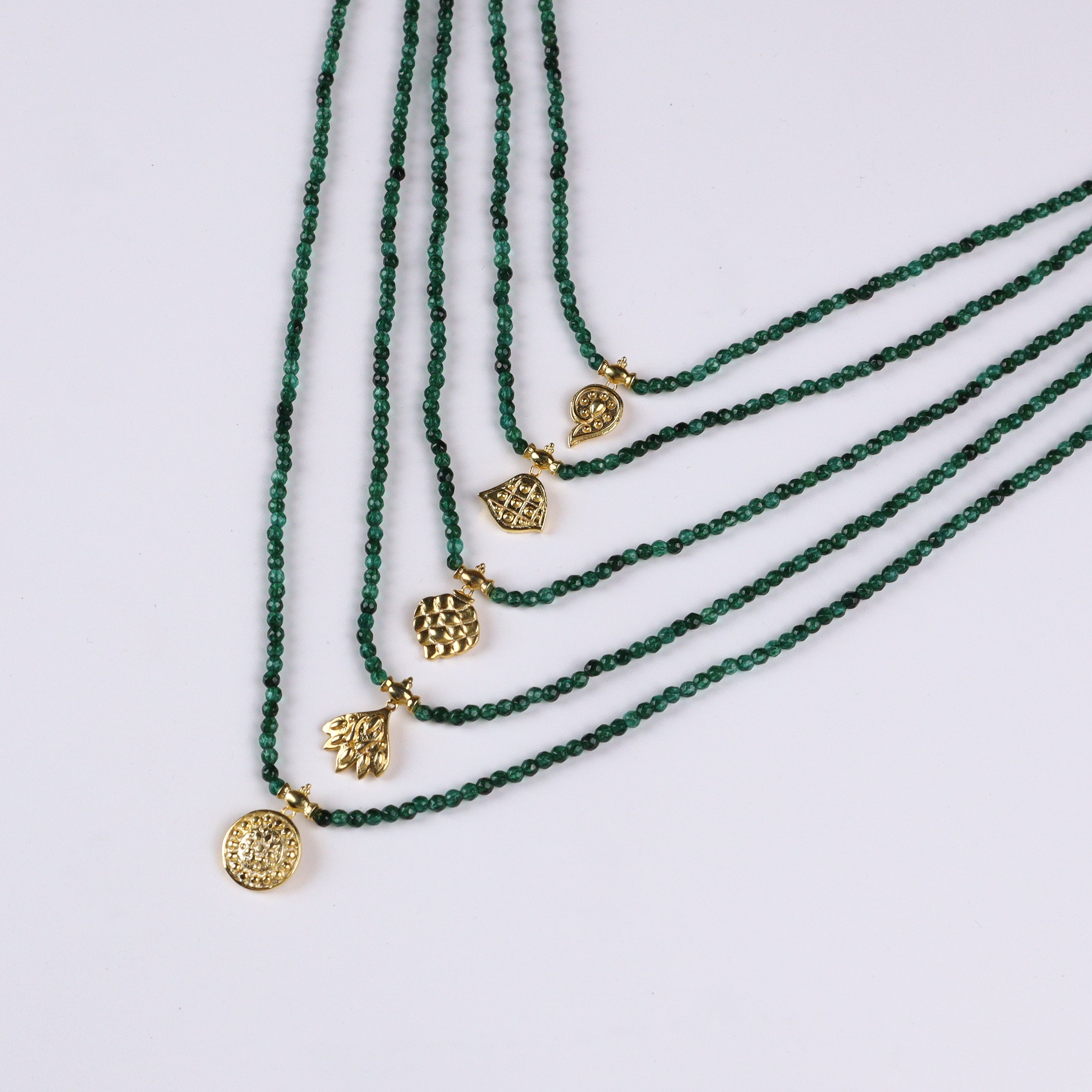 Saaj Motif Satlada Inspired Necklace with Green Onyx Stones | 5 Layered | 92.5 Silver | 22K Gold Plated