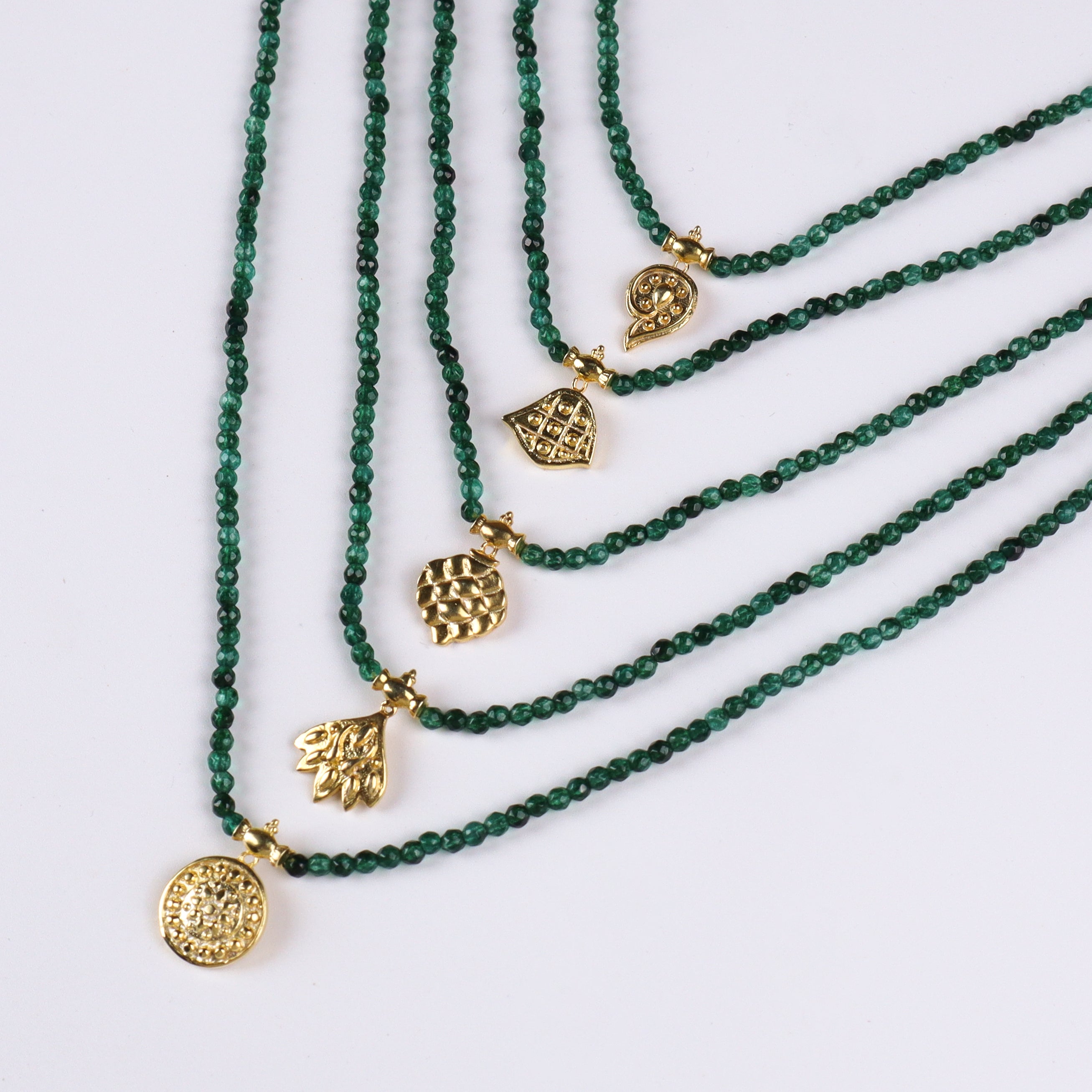 Saaj Motif Satlada Inspired Necklace with Green Onyx Stones | 5 Layered | 92.5 Silver | 22K Gold Plated