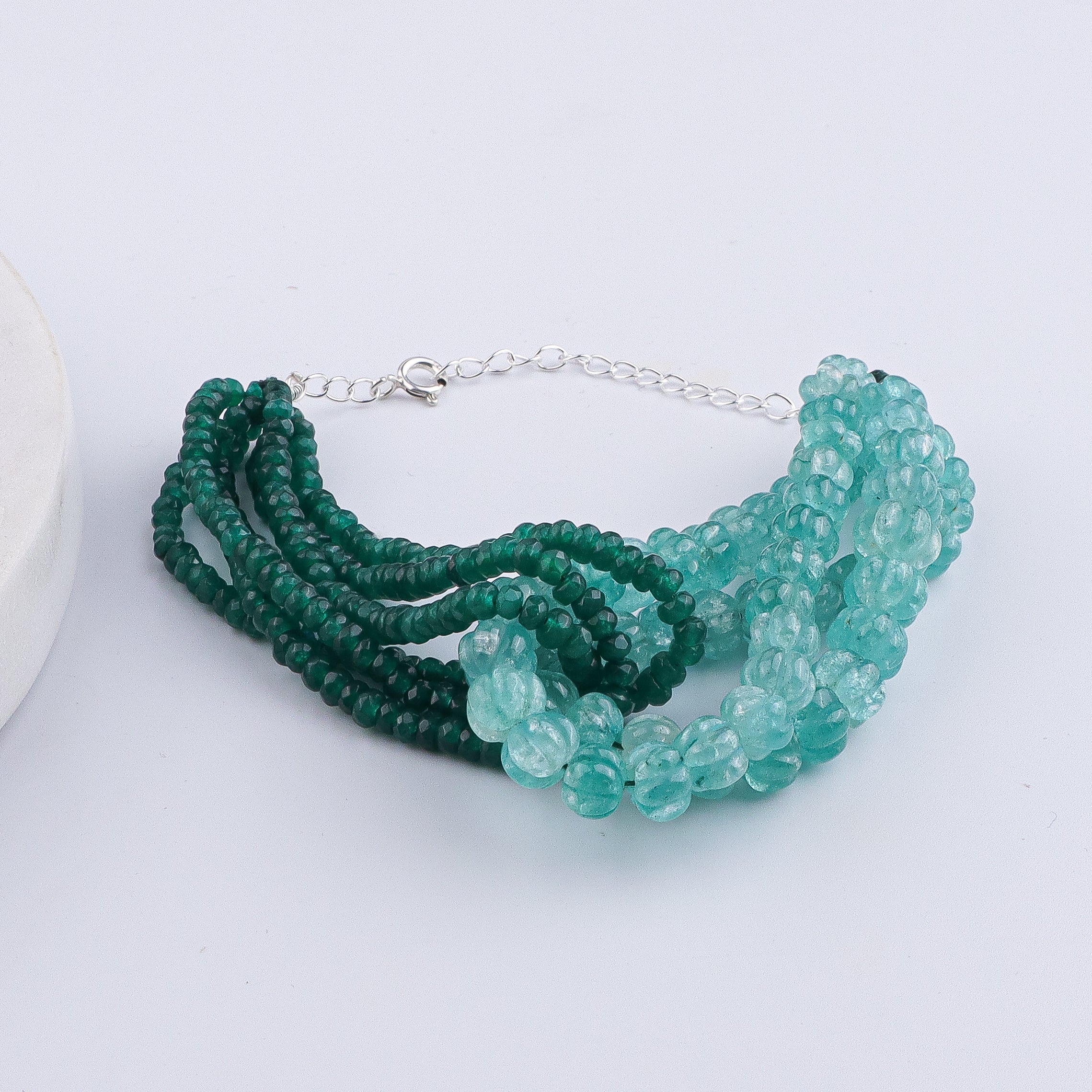 Carved Pumpkin Aqua Fluorite & Green Onyx Silver Bracelet (Project Handmade)