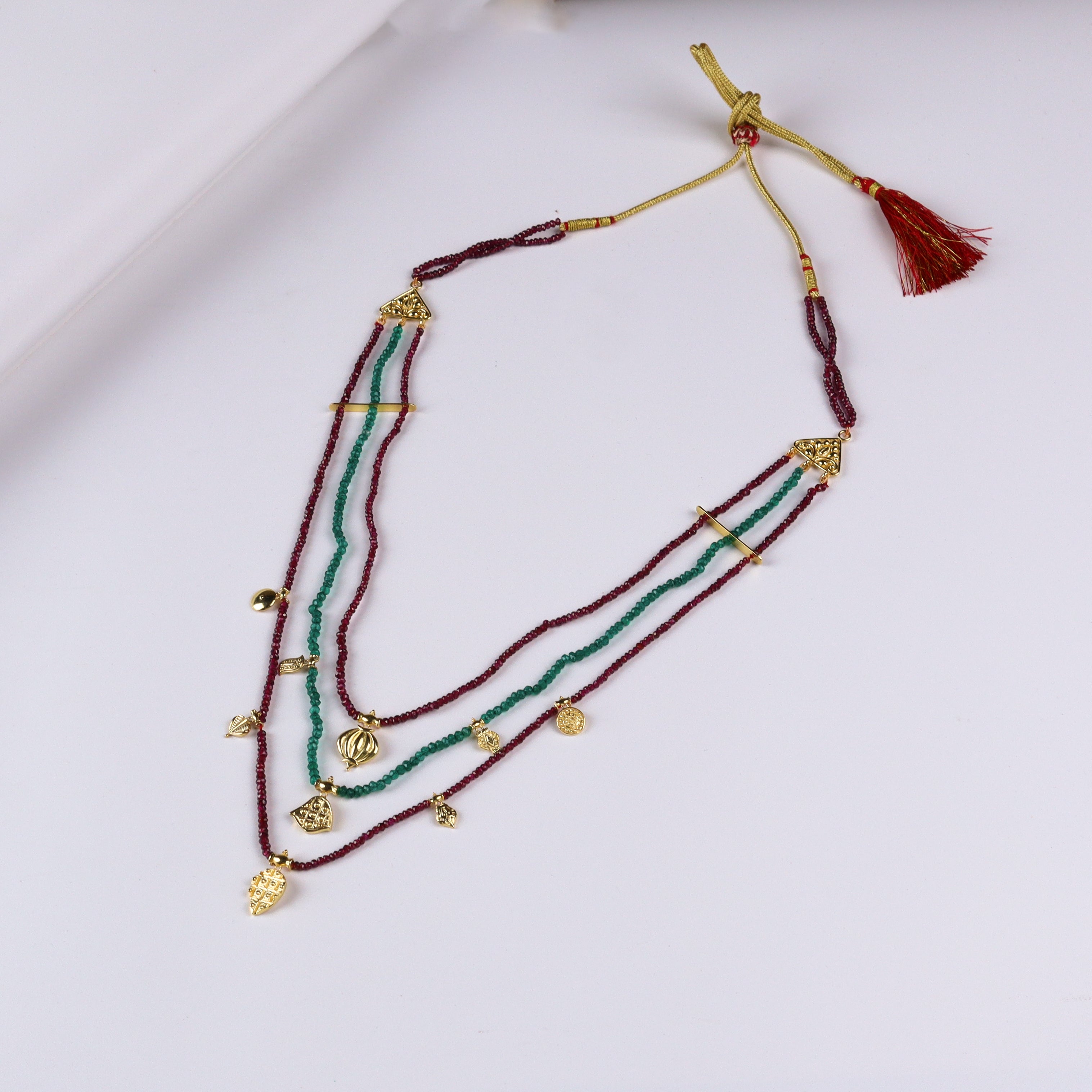 Saaj Motif Satlada Necklace with Green Onyx and Garnet Stones| 925 Silver| 22K Gold Plated (3 layered)