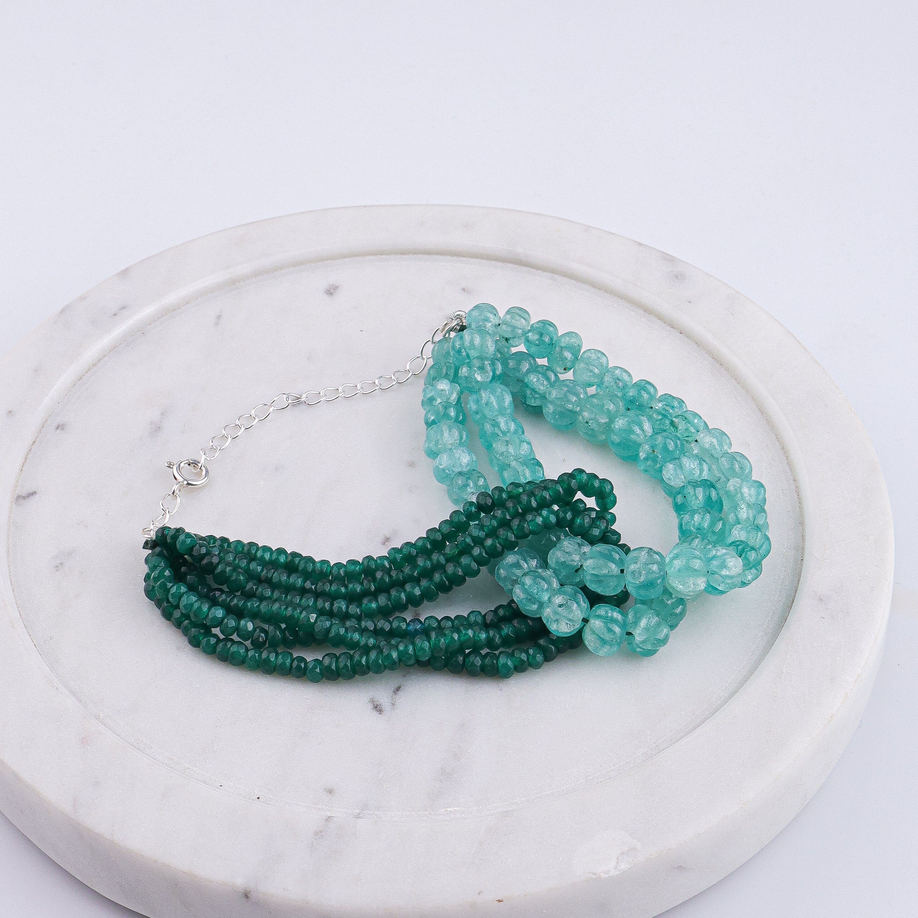 Carved Pumpkin Aqua Fluorite & Green Onyx Silver Bracelet (Project Handmade)