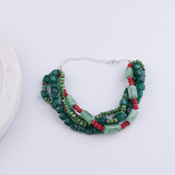 Green Onyx, Russian Quartz, Green & Red Jade Silver Bracelet (Project Handmade)