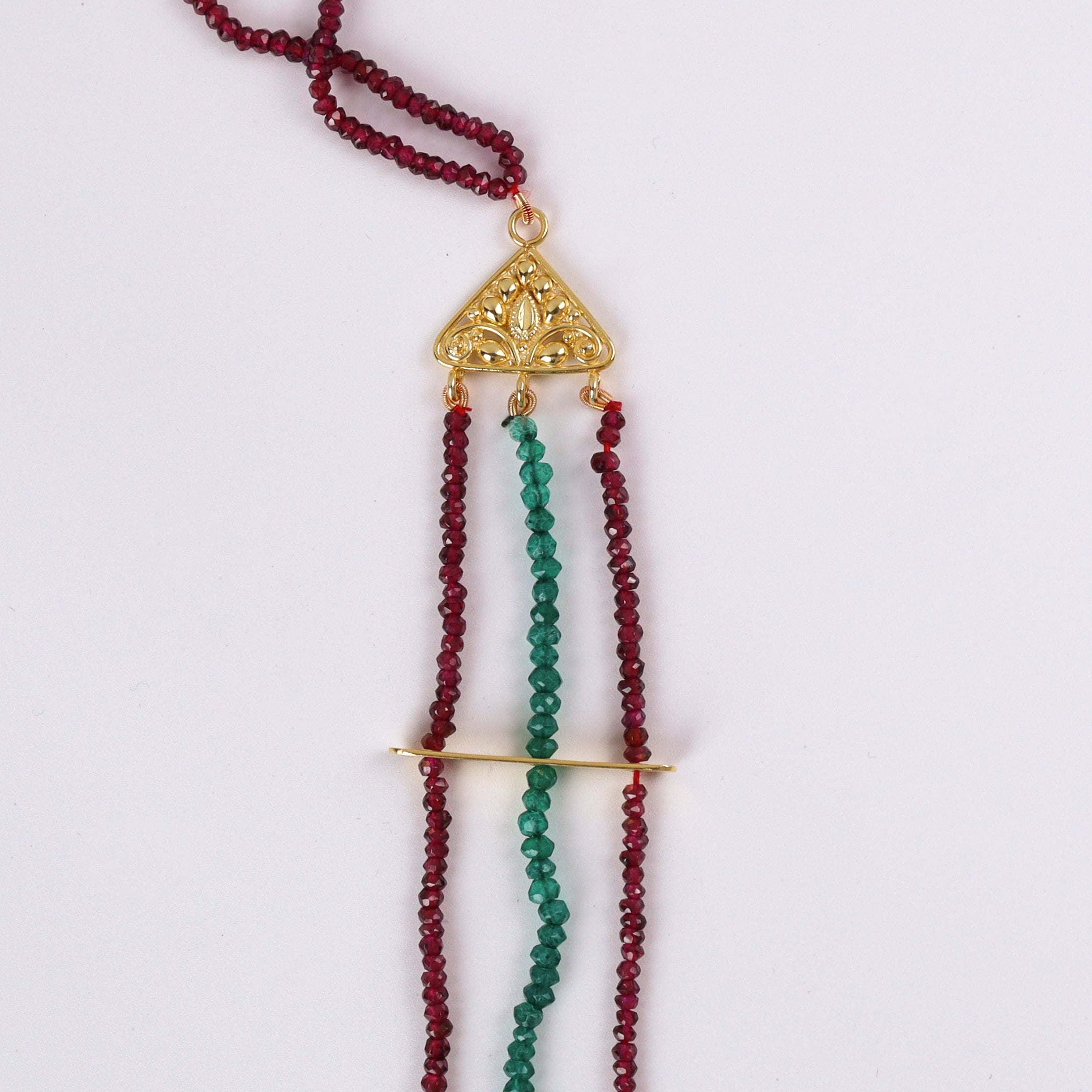 Saaj Motif Satlada Necklace with Green Onyx and Garnet Stones| 925 Silver| 22K Gold Plated (3 layered)