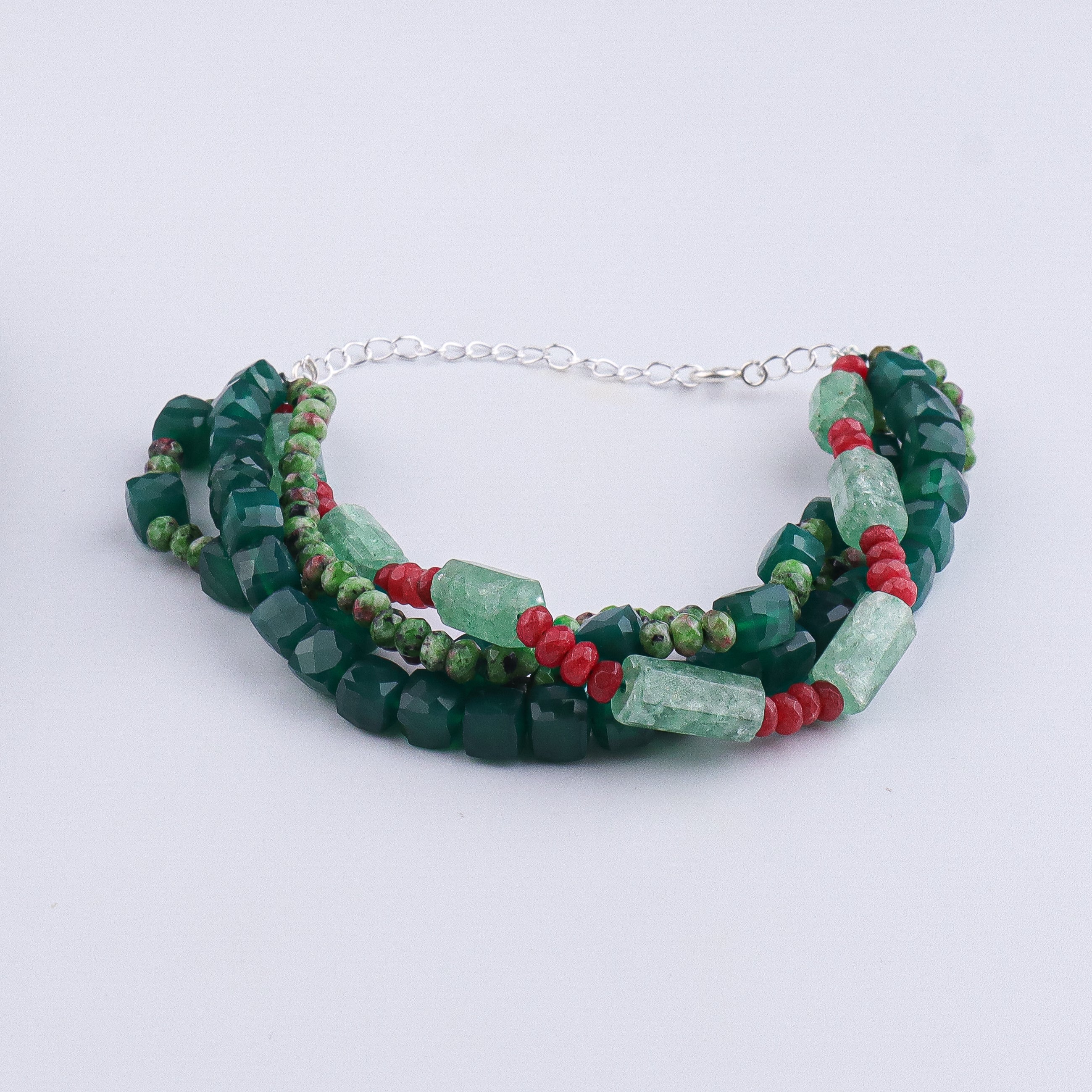 Green Onyx, Russian Quartz, Green & Red Jade Silver Bracelet (Project Handmade)