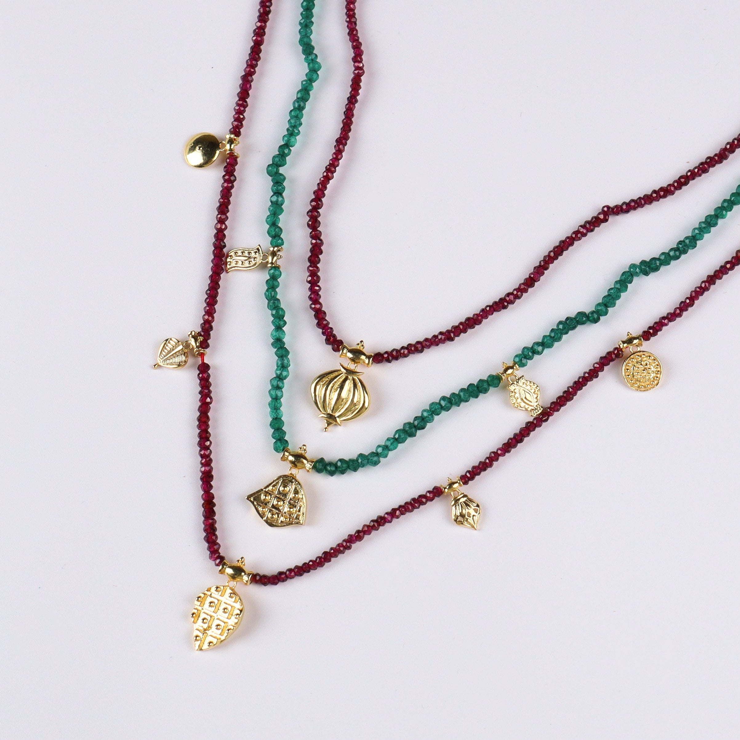 Saaj Motif Satlada Necklace with Green Onyx and Garnet Stones| 925 Silver| 22K Gold Plated (3 layered)