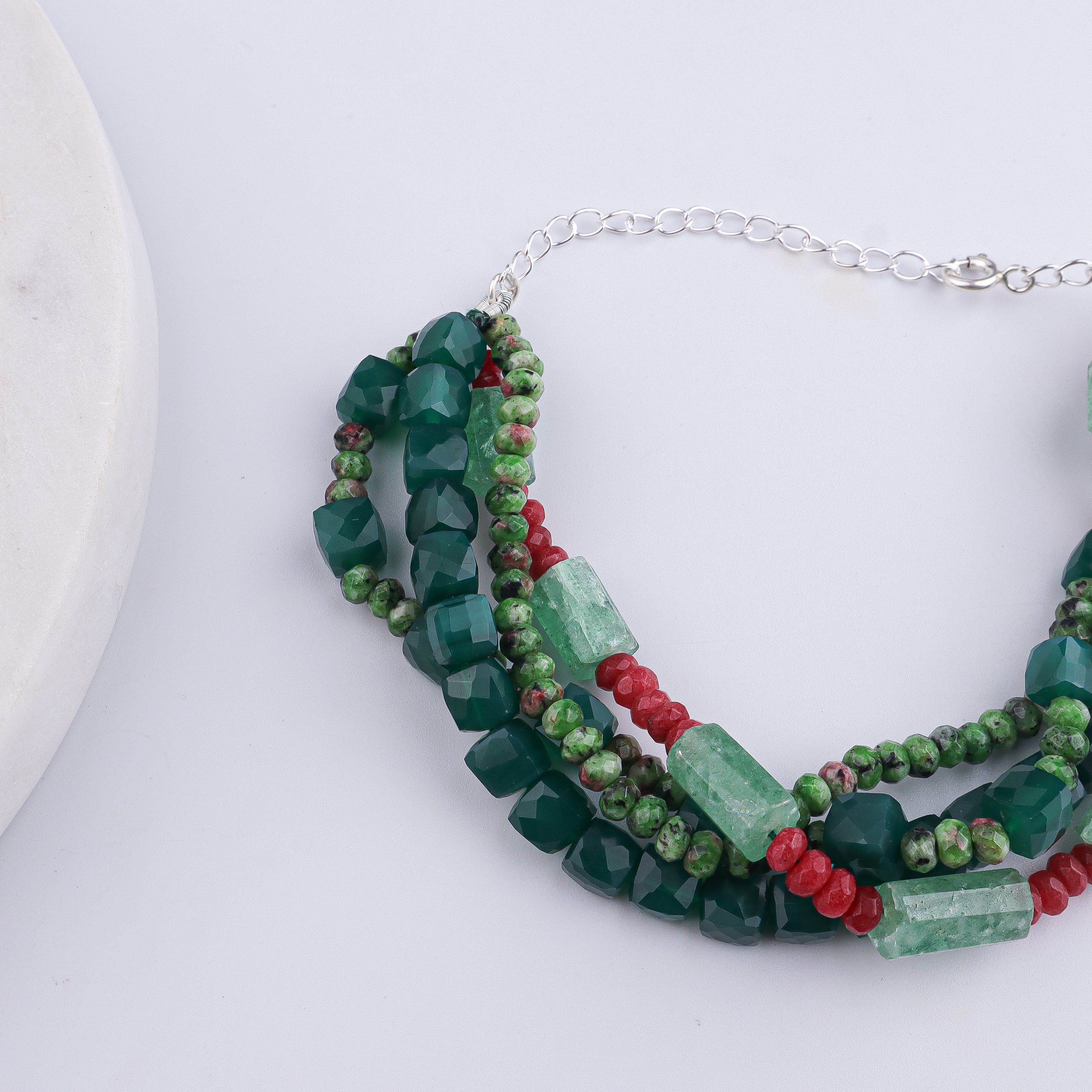 Green Onyx, Russian Quartz, Green & Red Jade Silver Bracelet (Project Handmade)