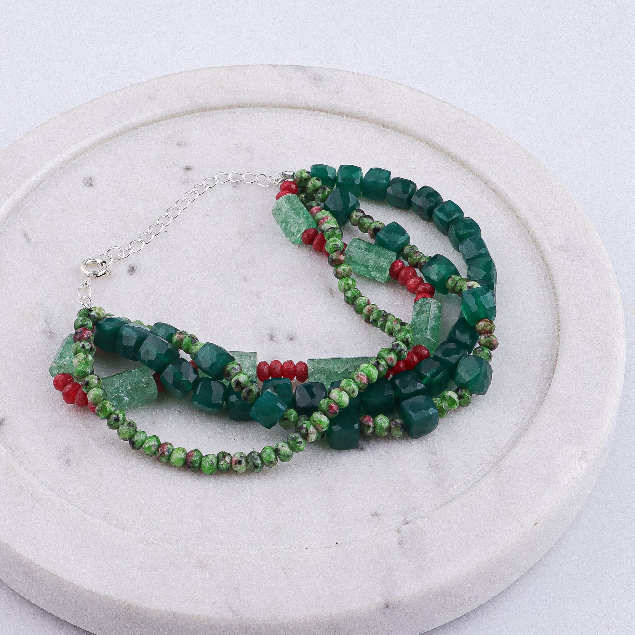 Green Onyx, Russian Quartz, Green & Red Jade Silver Bracelet (Project Handmade)