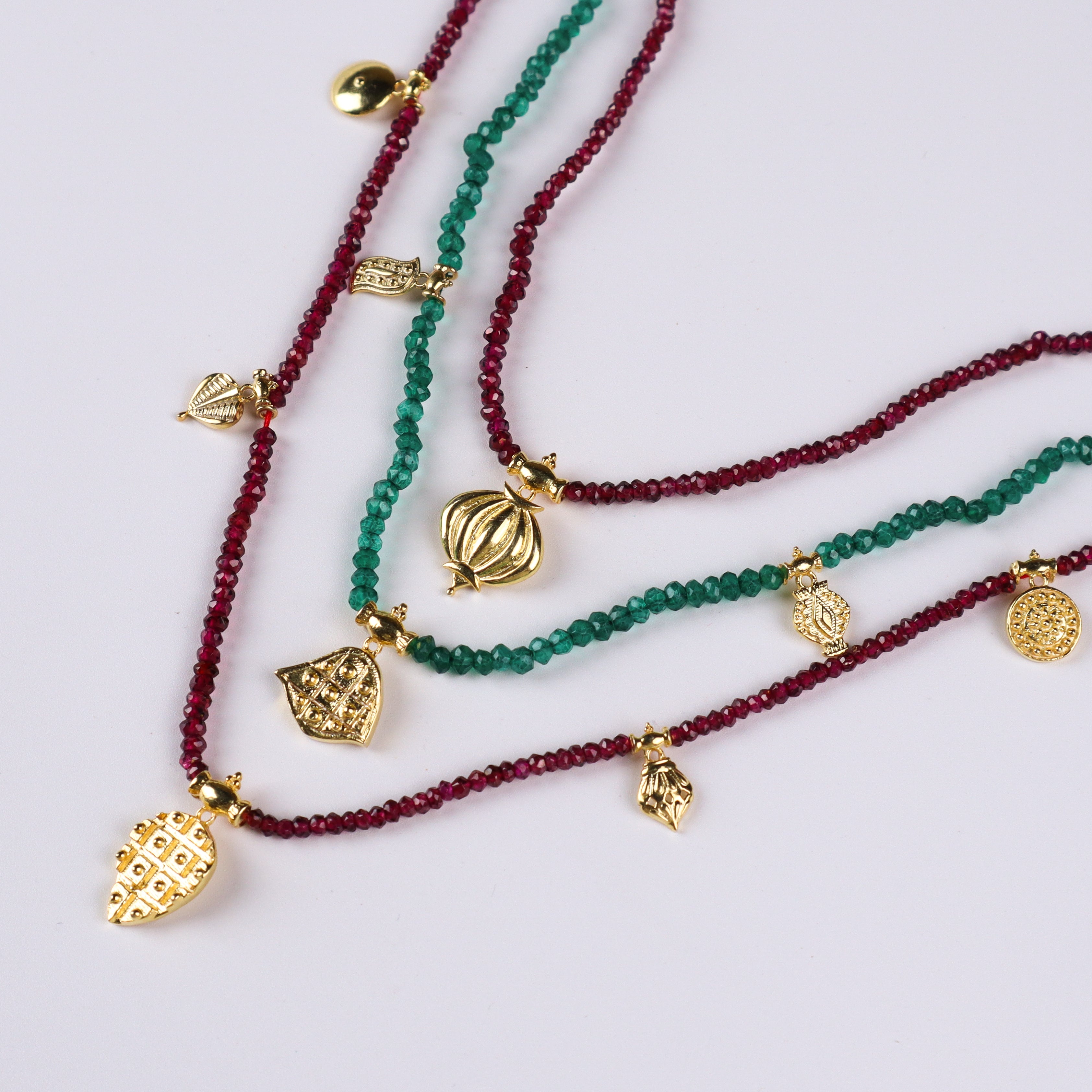 Saaj Motif Satlada Necklace with Green Onyx and Garnet Stones| 925 Silver| 22K Gold Plated (3 layered)