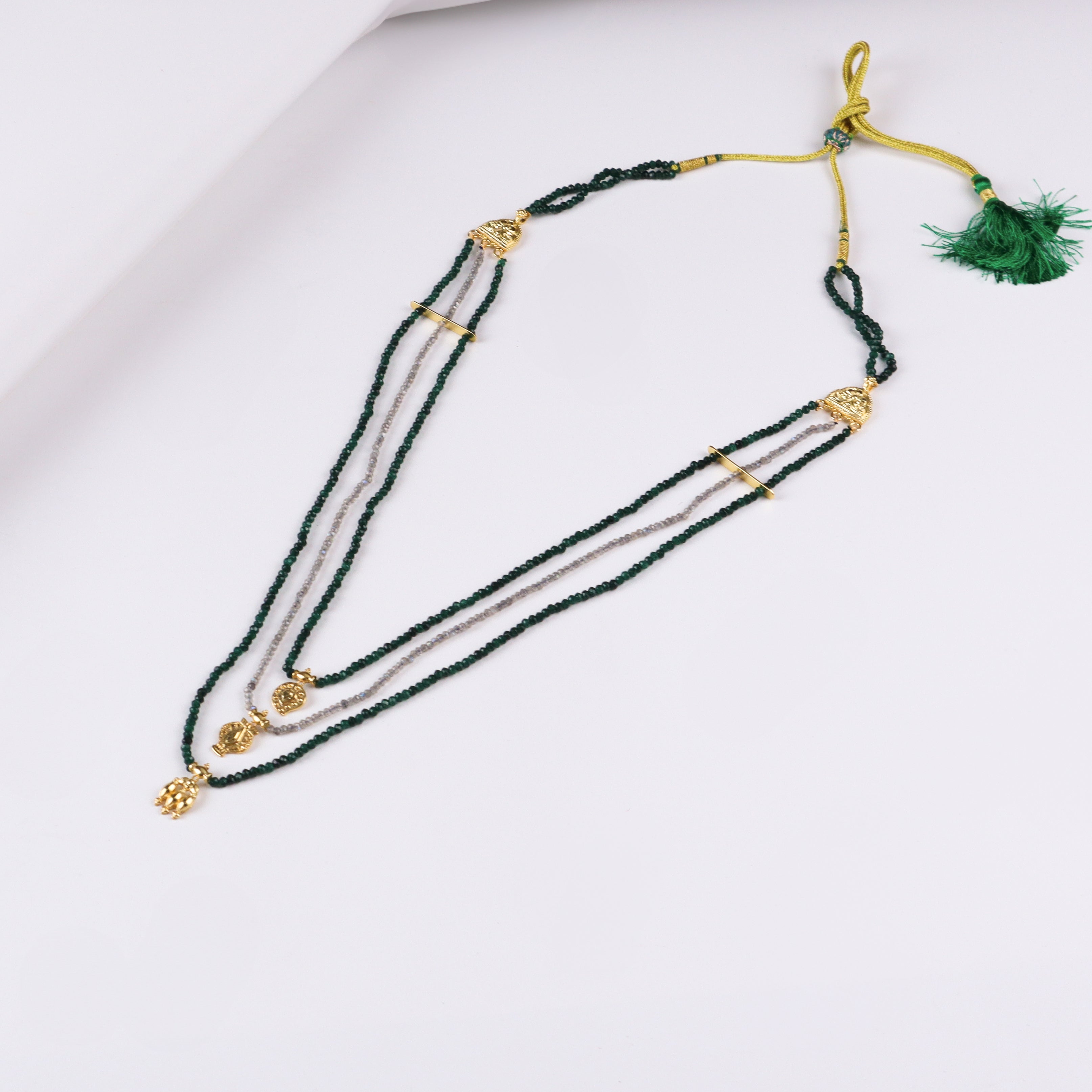 Saaj Motif Satlada Inspired Necklace with Green Onyx and Labradorite Stones| 925 Silver | 22K Gold Plated (3 layered)