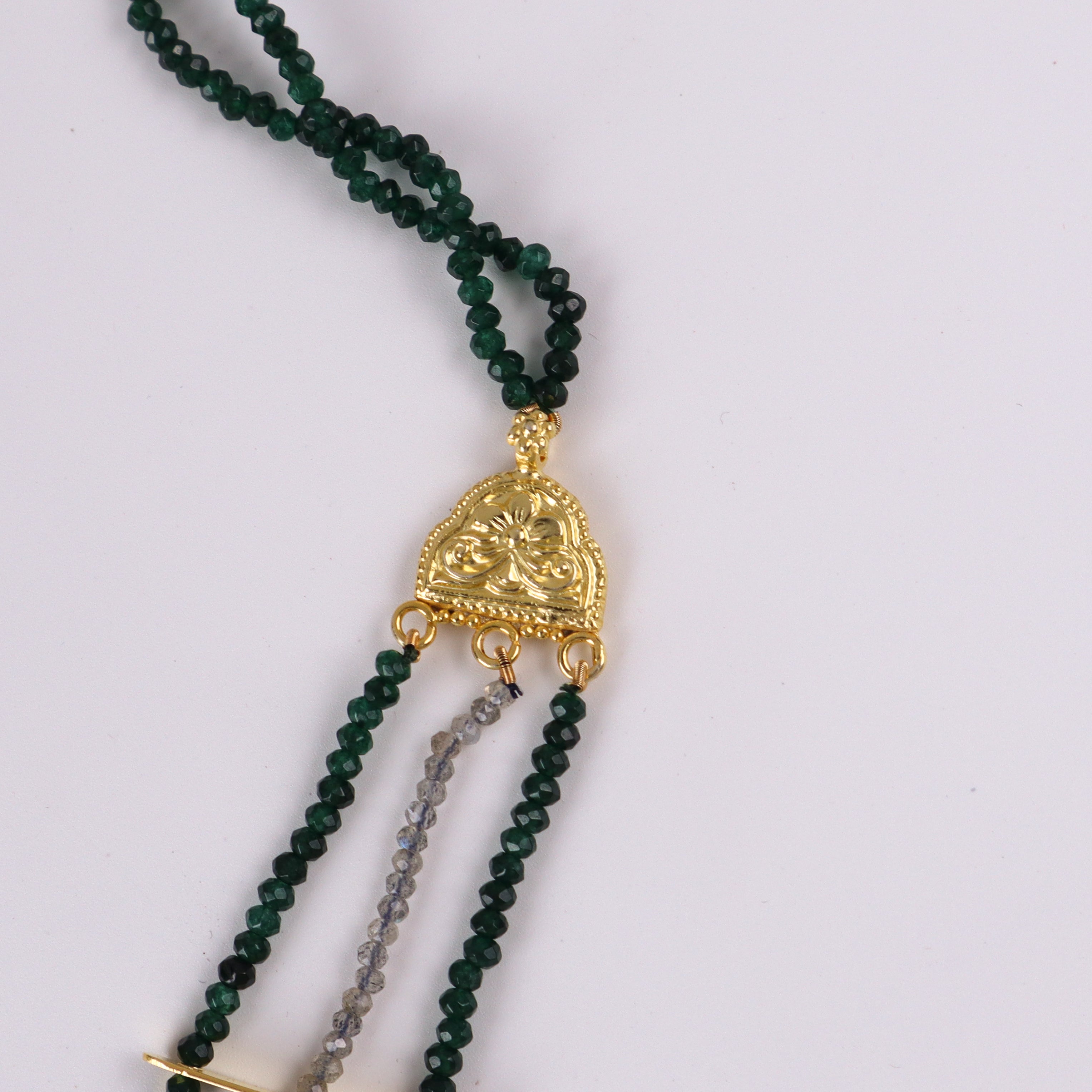 Saaj Motif Satlada Inspired Necklace with Green Onyx and Labradorite Stones| 925 Silver | 22K Gold Plated (3 layered)