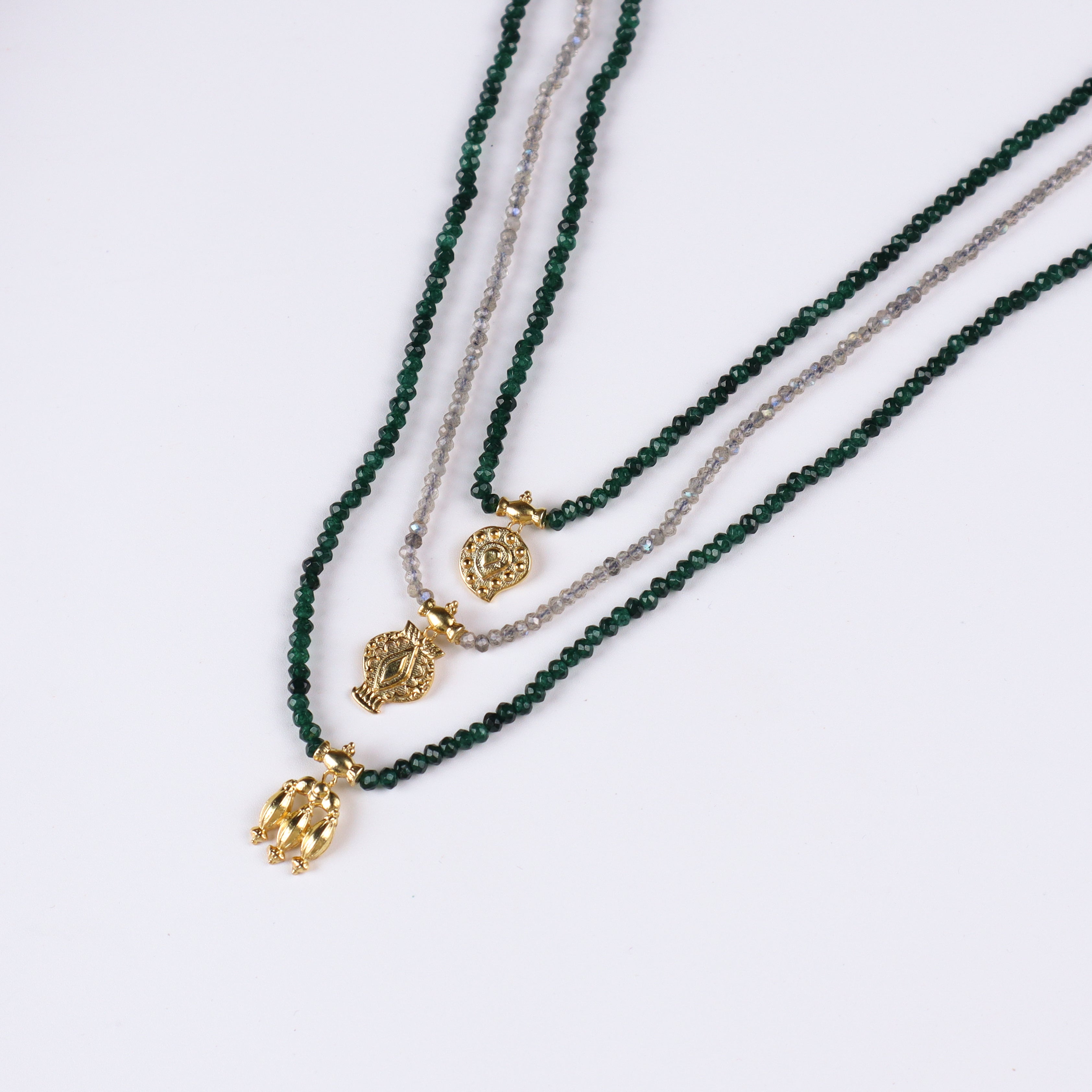 Saaj Motif Satlada Inspired Necklace with Green Onyx and Labradorite Stones| 925 Silver | 22K Gold Plated (3 layered)