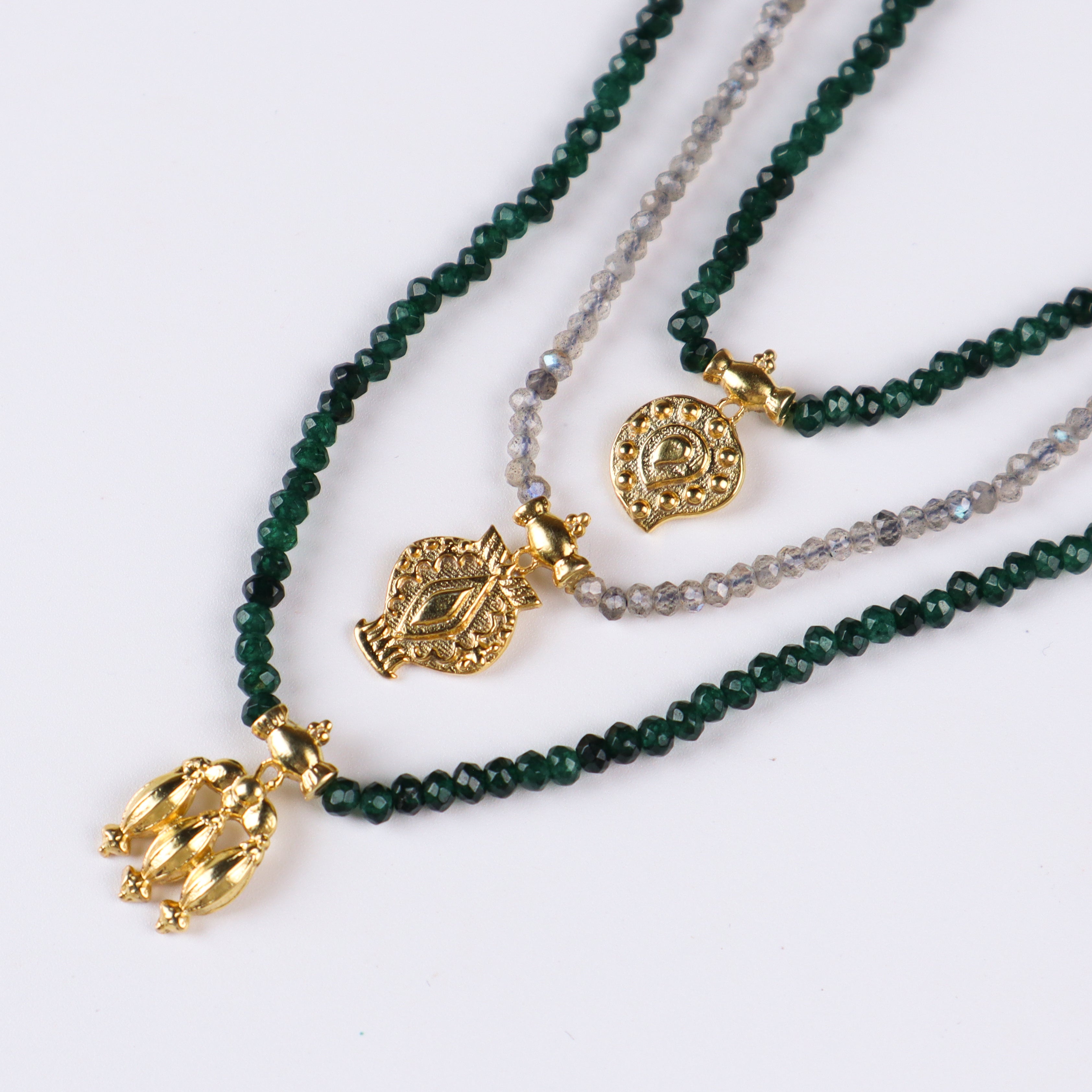 Saaj Motif Satlada Inspired Necklace with Green Onyx and Labradorite Stones| 925 Silver | 22K Gold Plated (3 layered)