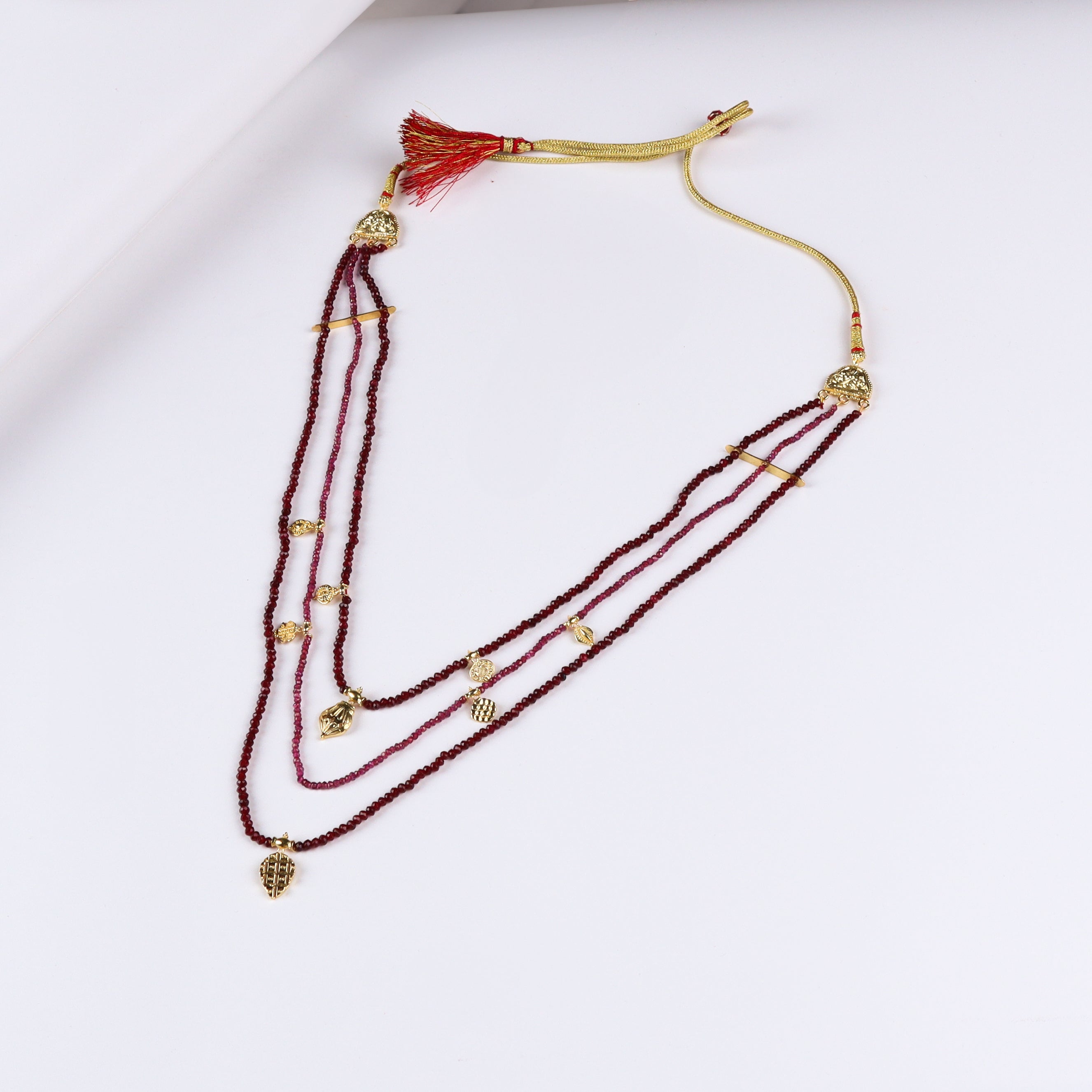 Saaj Motif Satlada Inspired Necklace with Garnets and Ruby Stones | 925 Silver | 22K Gold Plated (3 layered)