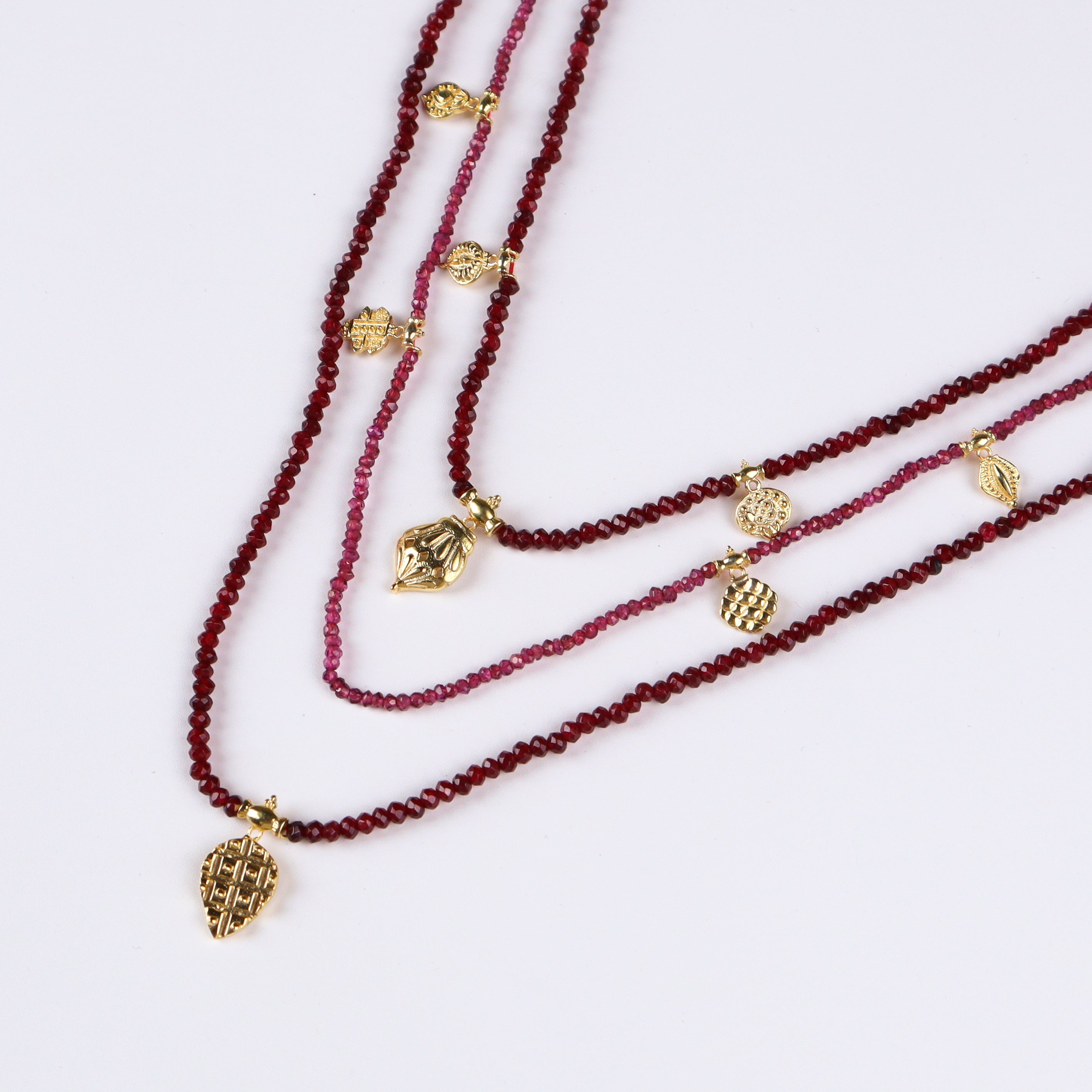 Saaj Motif Satlada Inspired Necklace with Garnets and Ruby Stones | 925 Silver | 22K Gold Plated (3 layered)