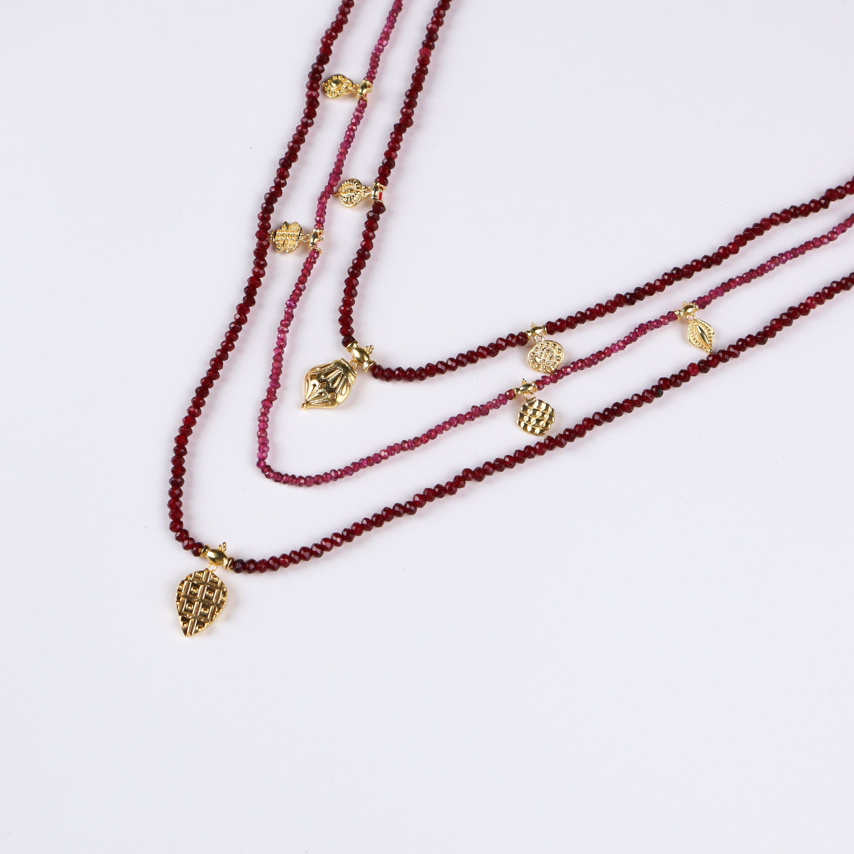 Saaj Motif Satlada Inspired Necklace with Garnets and Ruby Stones | 925 Silver | 22K Gold Plated (3 layered)