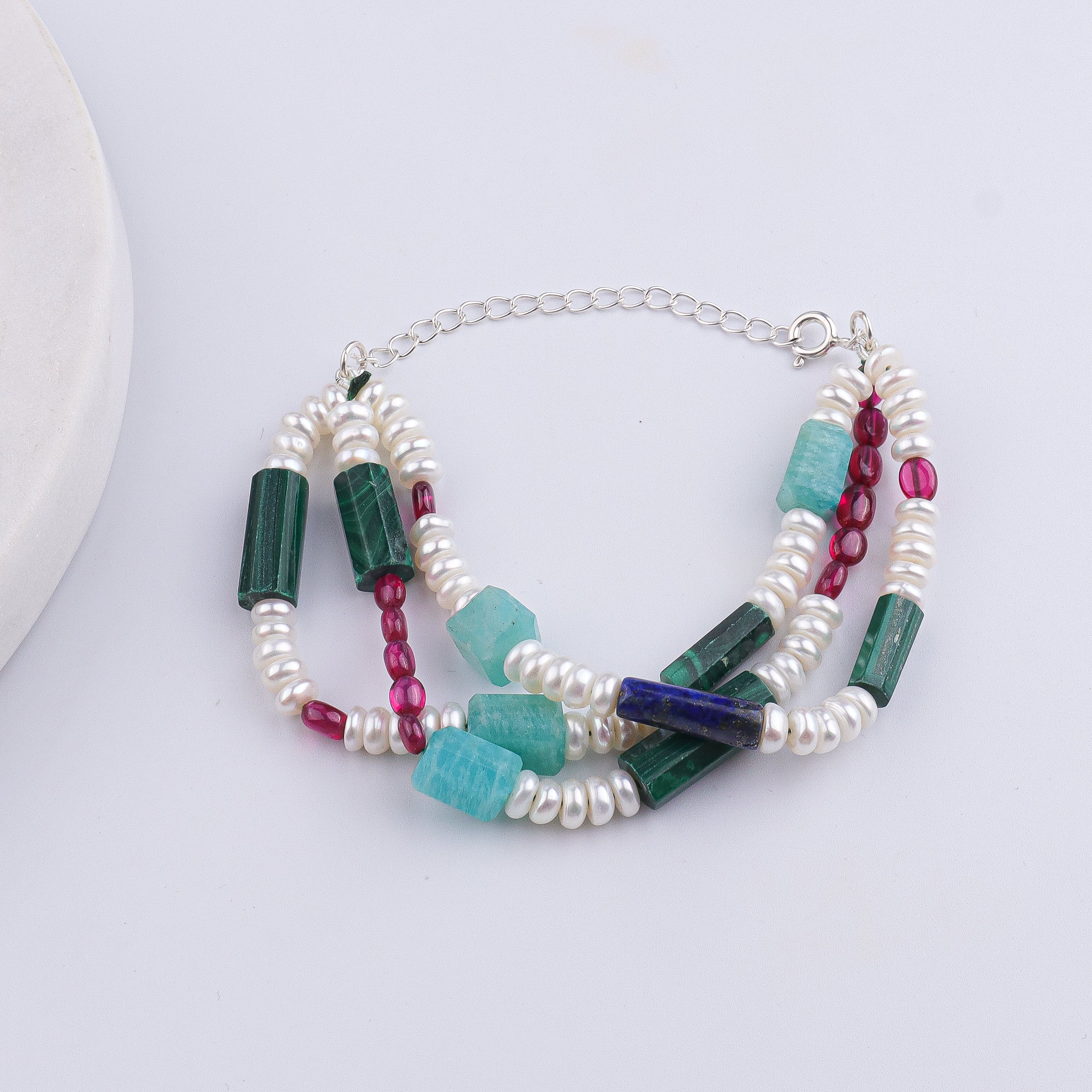 Amazonite, Lapis Lazuli, Ruby, Freshwater Pearl & Malachite Silver Bracelet (Project Handmade)
