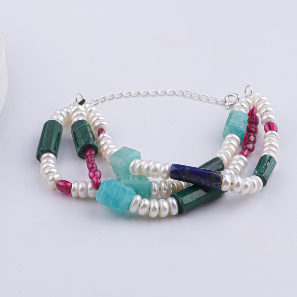 Amazonite, Lapis Lazuli, Ruby, Freshwater Pearl & Malachite Silver Bracelet (Project Handmade)